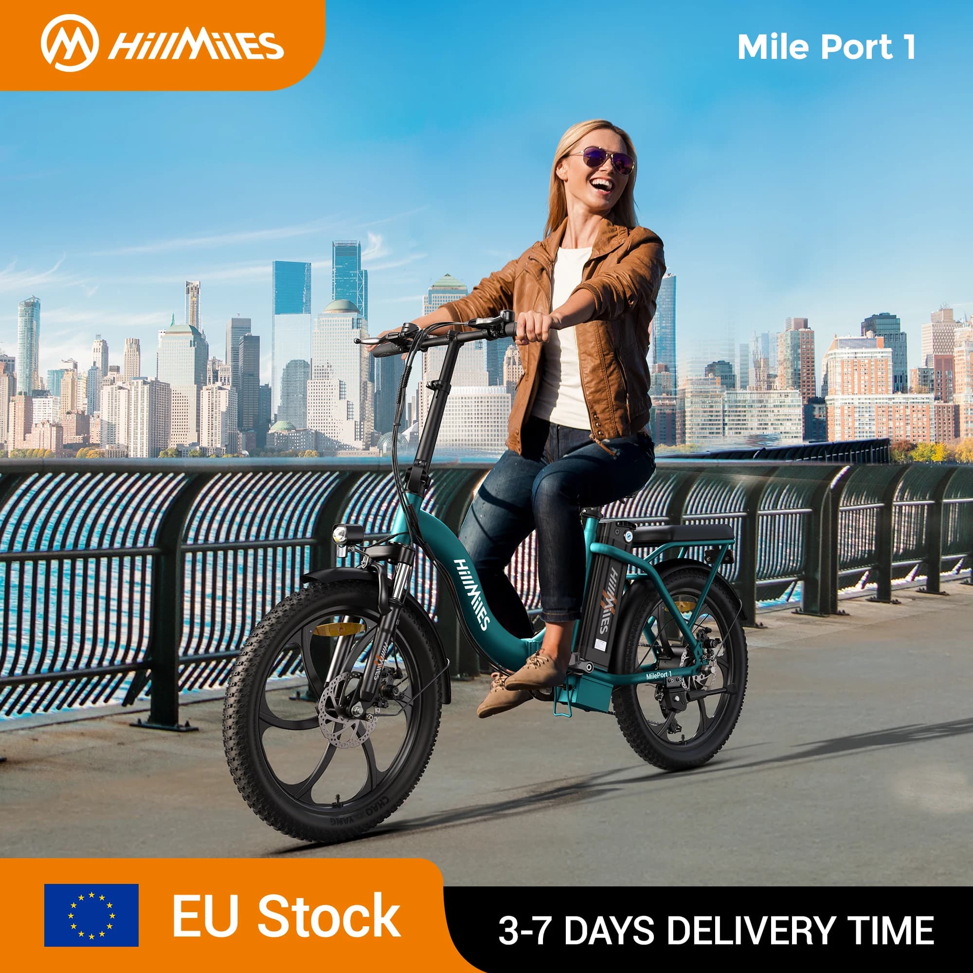 HillMiles MilePort Folding E-Bike, 250W Motor, 36V 13Ah, 25km/h, 20"x3.0" Fat Tires, Suspension Fork, 7-Speed, 100km Range