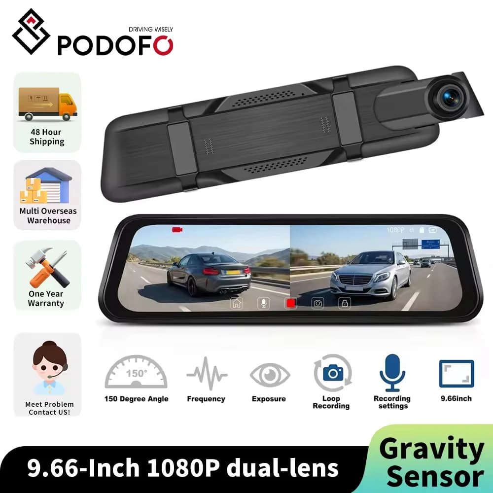 Podofo 9.66'' Car Dual Lens DVR Car Recorder Night Vision Loop Recording Rearview Mirror Car Dash Cam With 480P Rear Camera