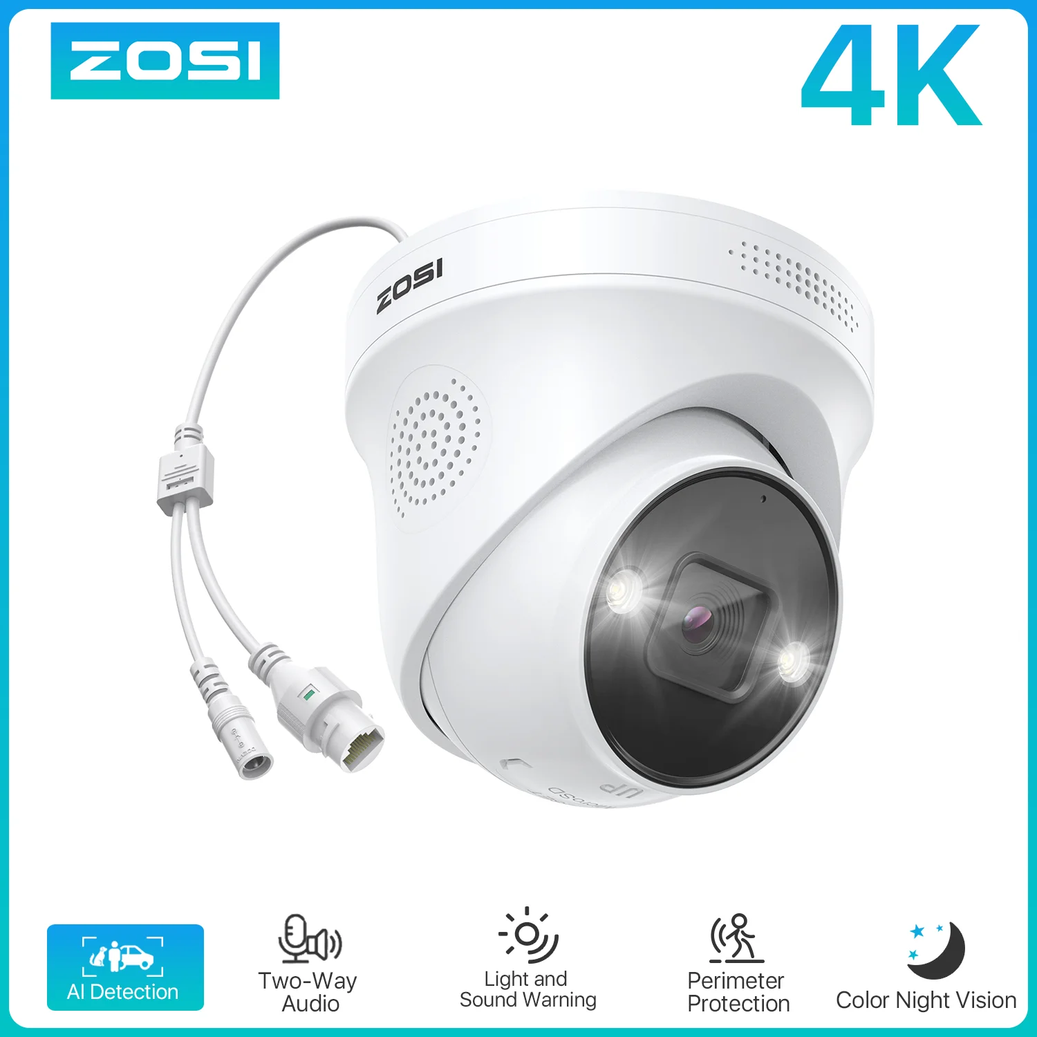 ZOSI 4K PoE IP Camera H.265+ 8MP 5MP HDR Add-on Camera AI Human Detect 100ft Night Vision IP66 Outdoor Video Surveillance Camera