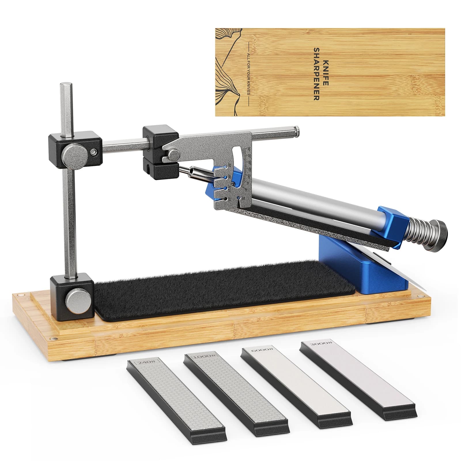 Professional Knife Sharpener Kit with Angle Guide - 4 Stones for All Kitchen & Outdoor Knives, Non-Slip Wooden Base