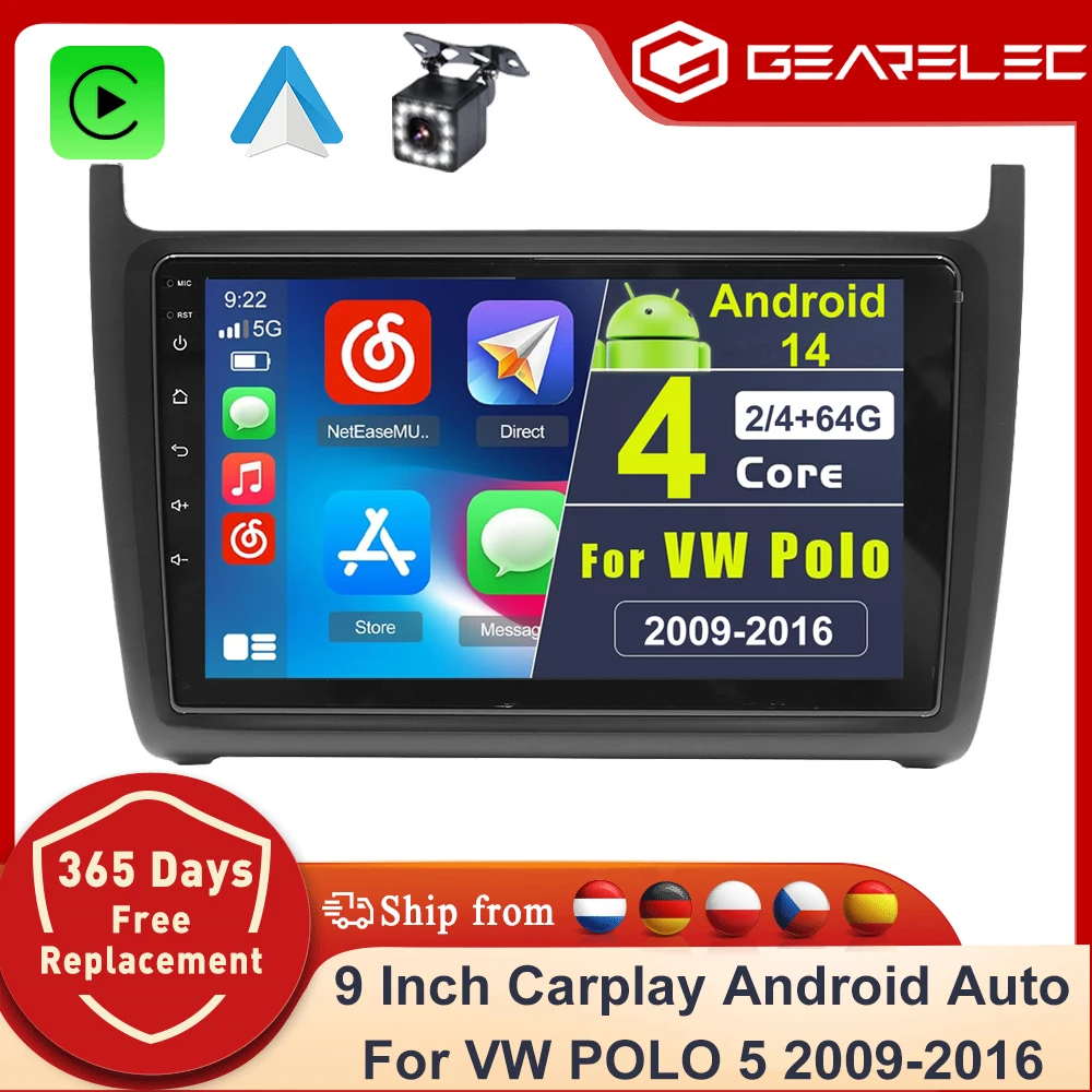 GEARELEC 2 DIN Car Radio For VW Volkswagen Polo 2009-2017 6R 6C CarPlay 9" Car Stereo Wireless Carplay Android Auto GPS FM WIFI BT SWC RDS