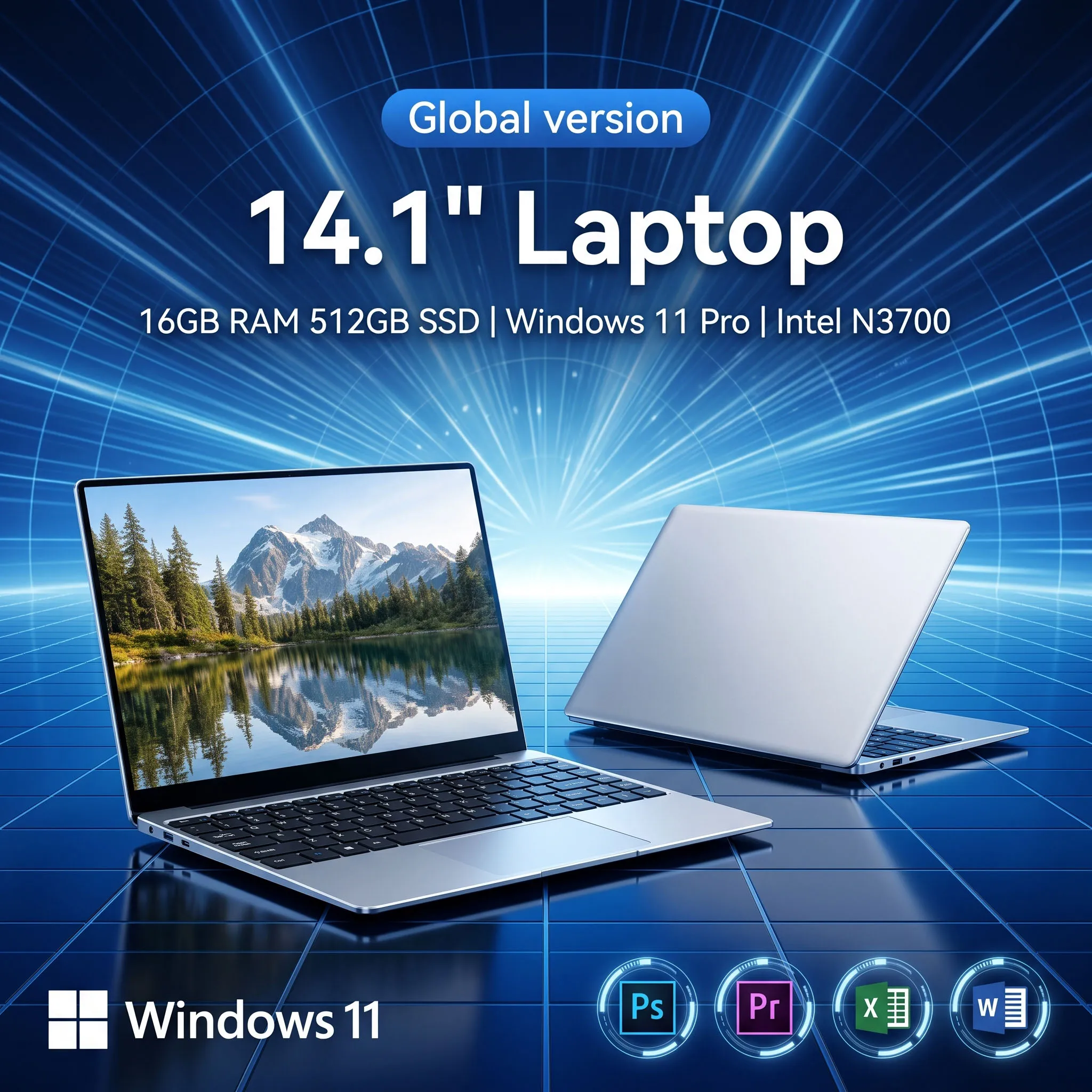 Global New Ultra Slim Laptop 14.1" 16GB RAM 2TB SSD Intel N3700/4405U Notebook Gamer 1920*1080 Display Office Study Computer PC Windows 11 Pro