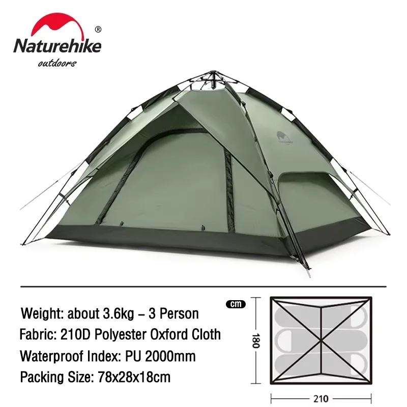 Naturehike camping One-touch Tent 3-4 Person Travel Family Sun Shelter Portable Automatic Fishing Tent Outdoor Picnic Camping Tent
