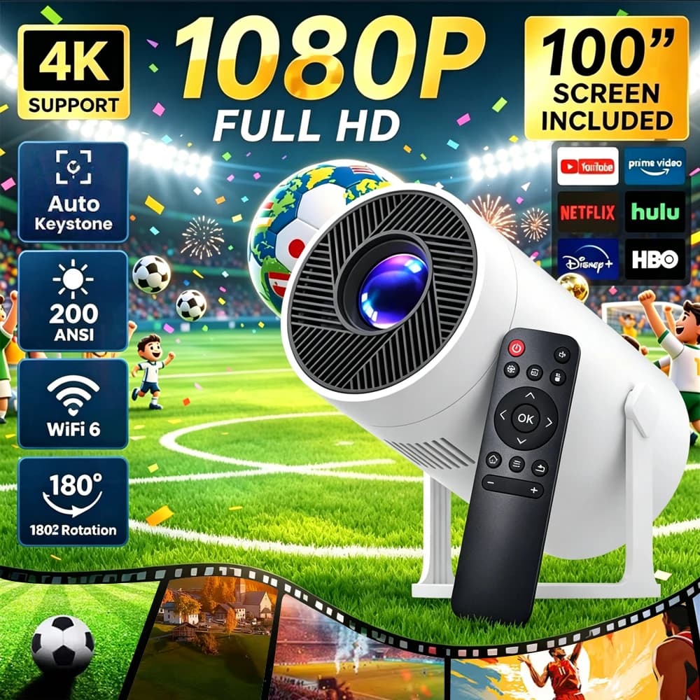 Portable Smart Projector Auto Keystone Correction For Use in Offices Bedroom Walls And Living Rooms 180° Rotation High-Definition Projection Big Screen 4K Vision