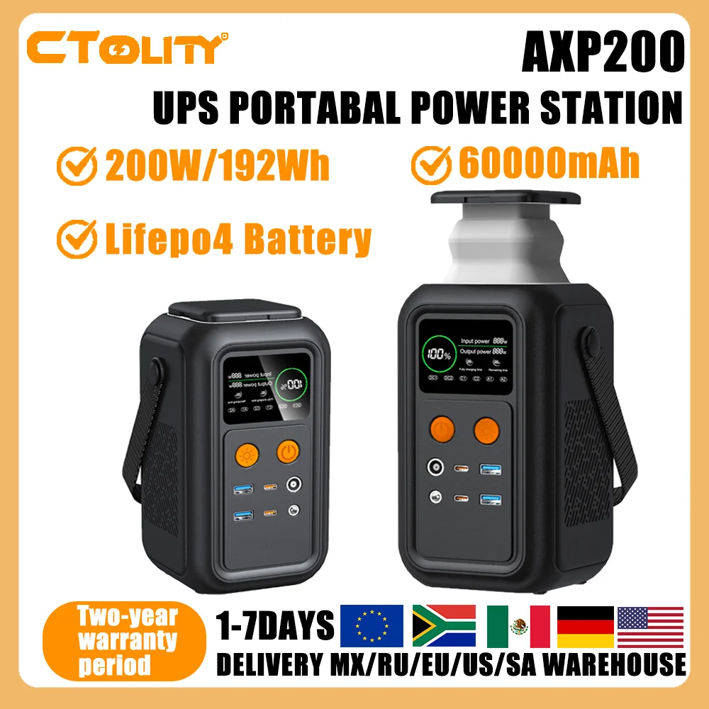 CTOLITY AXP200 200W Solar Generator Camping Portable Power Station 192Wh Power Bank Charger 60000mAh LiFePo4 Battery