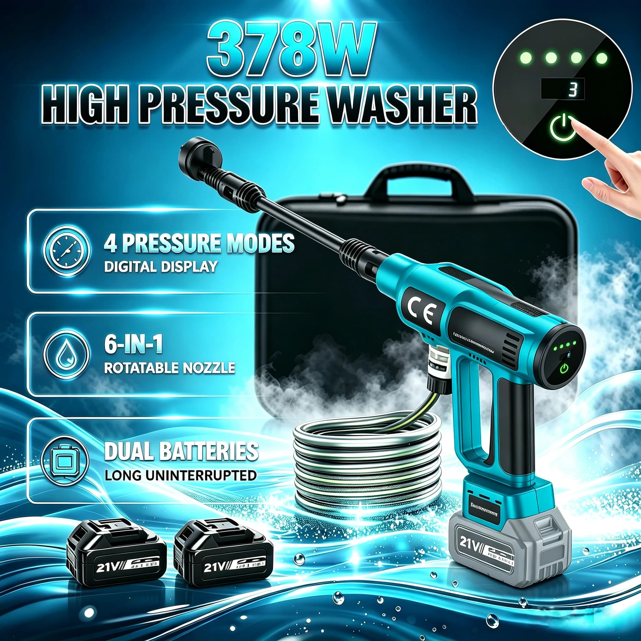 6-in-1 Nozzle Brushless Cordless High Pressure Washer 4 Pressure Modes Digital Display Portable Self-Priming Power Cleaner Dual 4000mAh Batteries, 5M Hose for Car Patio Cleaning