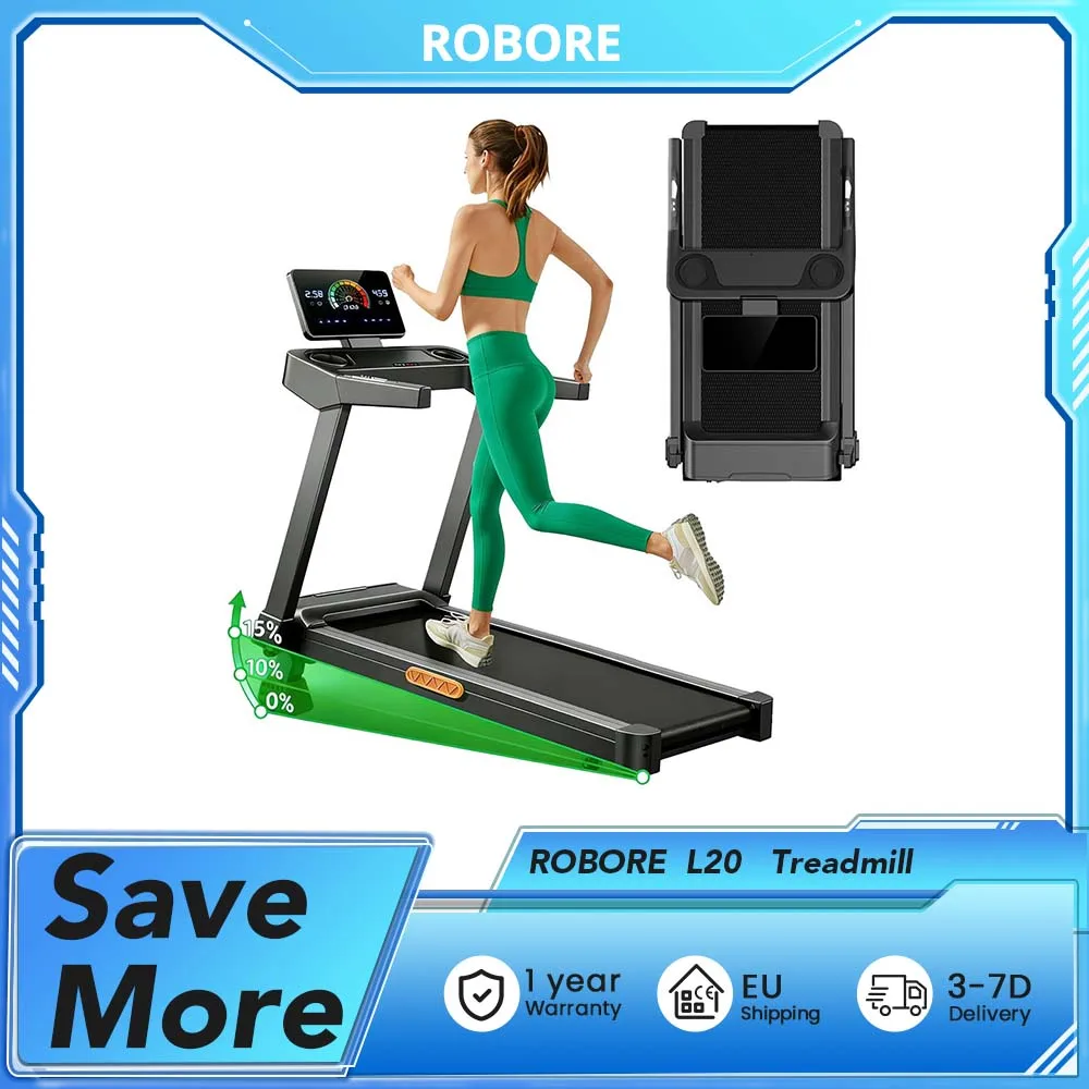 ROBORE L20 Treadmill 15% Adjustable Incline 3.5HP Brushless Motor 14km/h Speed 180kg Max Load LED Display & Heart Rate Handrails