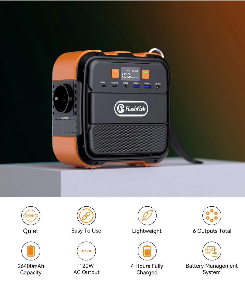 A101 Portable Solar Power Station Emergency Generator, 120W Output 98Wh 26400mAh Large Lithium Battery, Compact Backup Power Supply for Outdoor Travel, Camping and Household Power Outage