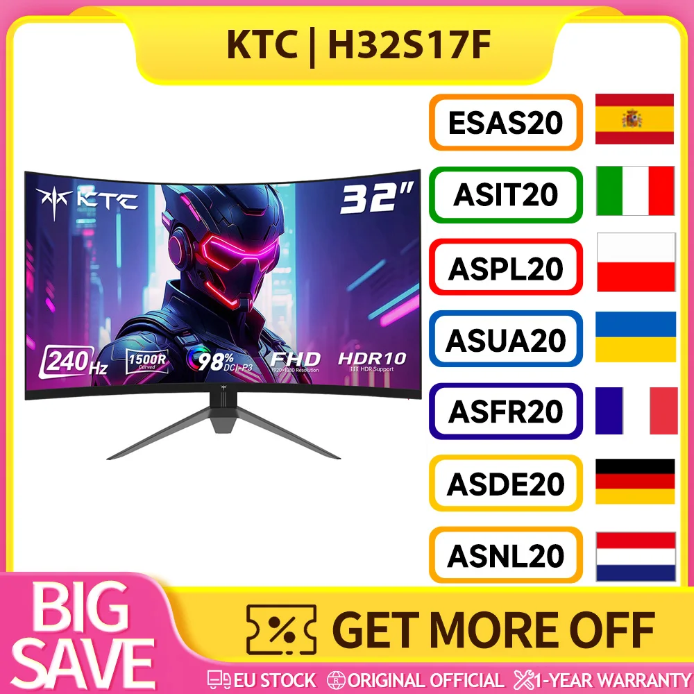 KTC H32S17F 32'' Curved Gaming Monitor, 1920*1080 HVA Panel, 240Hz Refresh Rate, 125% SRGB, 3500:1 Contrast Ratio, Adaptive Sync, HDR10, 3ms Response Time, 2*HDMI2.0 1*DP1.4 1*USB2.0 1*Audio, VESA Mount, Adjustable Tilt, Low Blue Light, Captivating Visual