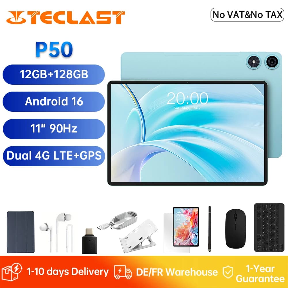 Teclast P50 Tablet 11" Android 16 90Hz Display T606 8-Core 12GB RAM (4GB+8GB) 128GB ROM 4G LTE GPS WiFi BT5.0 7000mAh Type-C