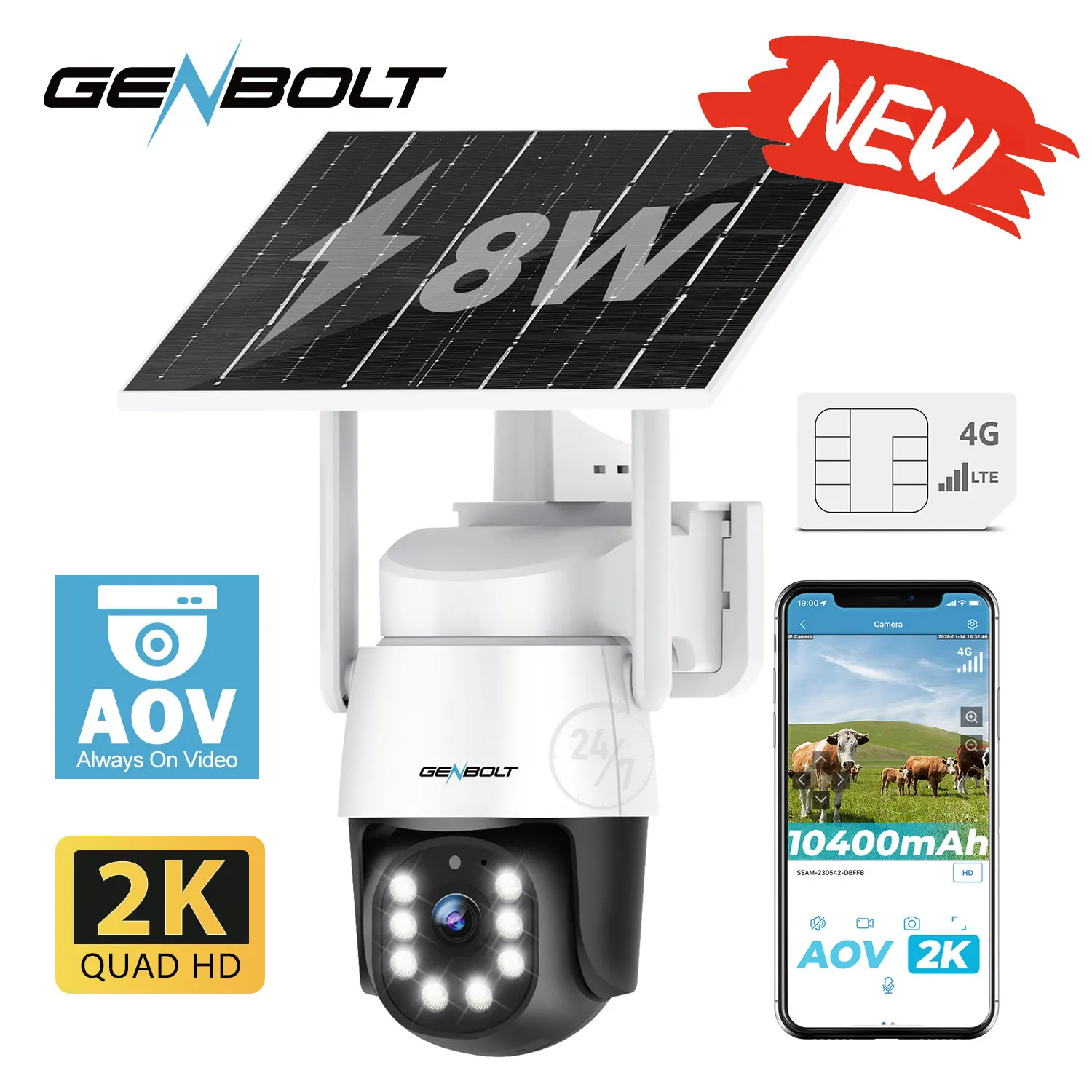 GENBOLT 4G AOV Solar Security Camera 3MP LTE Wireless Outdoor No WiFi Sim Card 7/24 Record 10400mAh Battery AI Detection CCTV