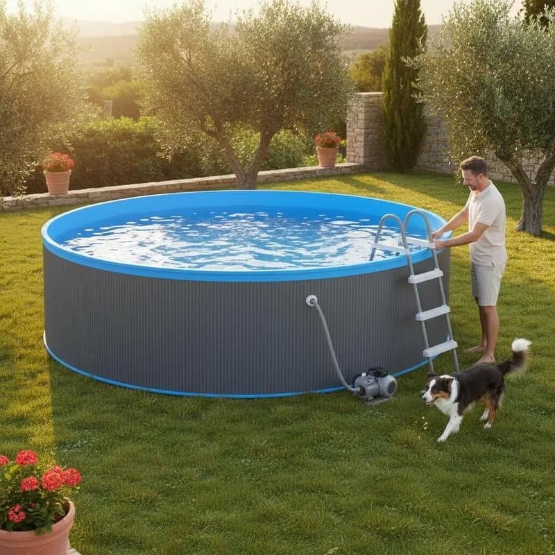 Runder Stahlwandpool (grau, 350 x 90 cm), 7.200 Liter Fassungsvermögen, PVC-Innenfolie – einfacher Auf- und Abbau – oberirdischer Gartenpool für Erwachsene und Kinder.