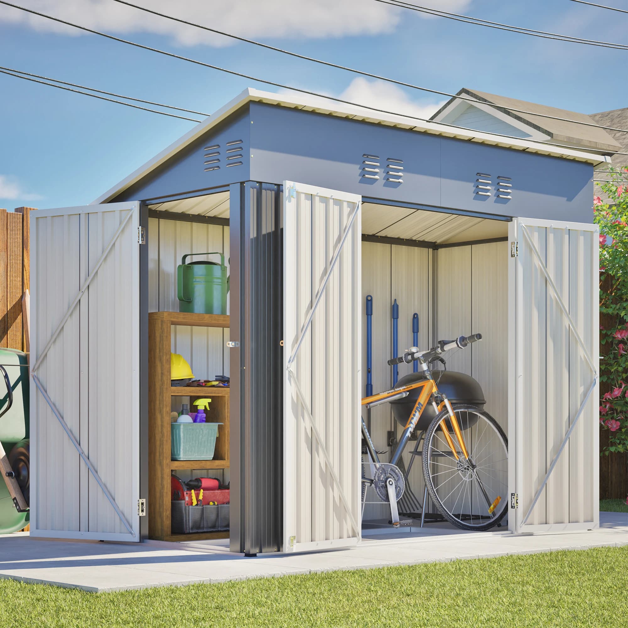 229×111×192cm Outdoor Metal Storage Shed, Large Capacity Backyard Tool House With Double Lockable Doors and Side Door, Sloped Roof, Ventilation Design, Waterproof And Rustproof Steel Frame For Garden, Patio, Lawn Equipment Storage