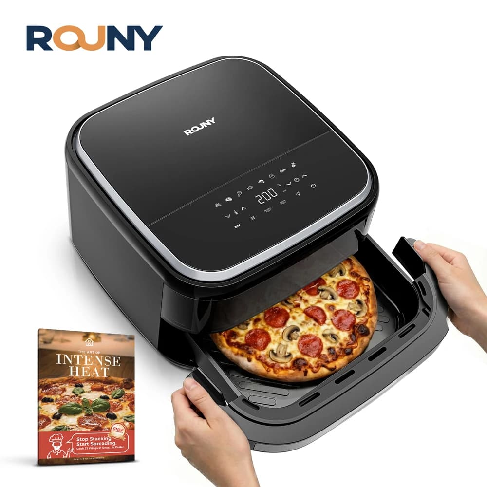 ROUNY 2200W 12-inch Pizza Maker 40-230℃ 4.2L Digital Air Fryer Large Capacity & Visible Window No-Turn 360° Baking Classic Black