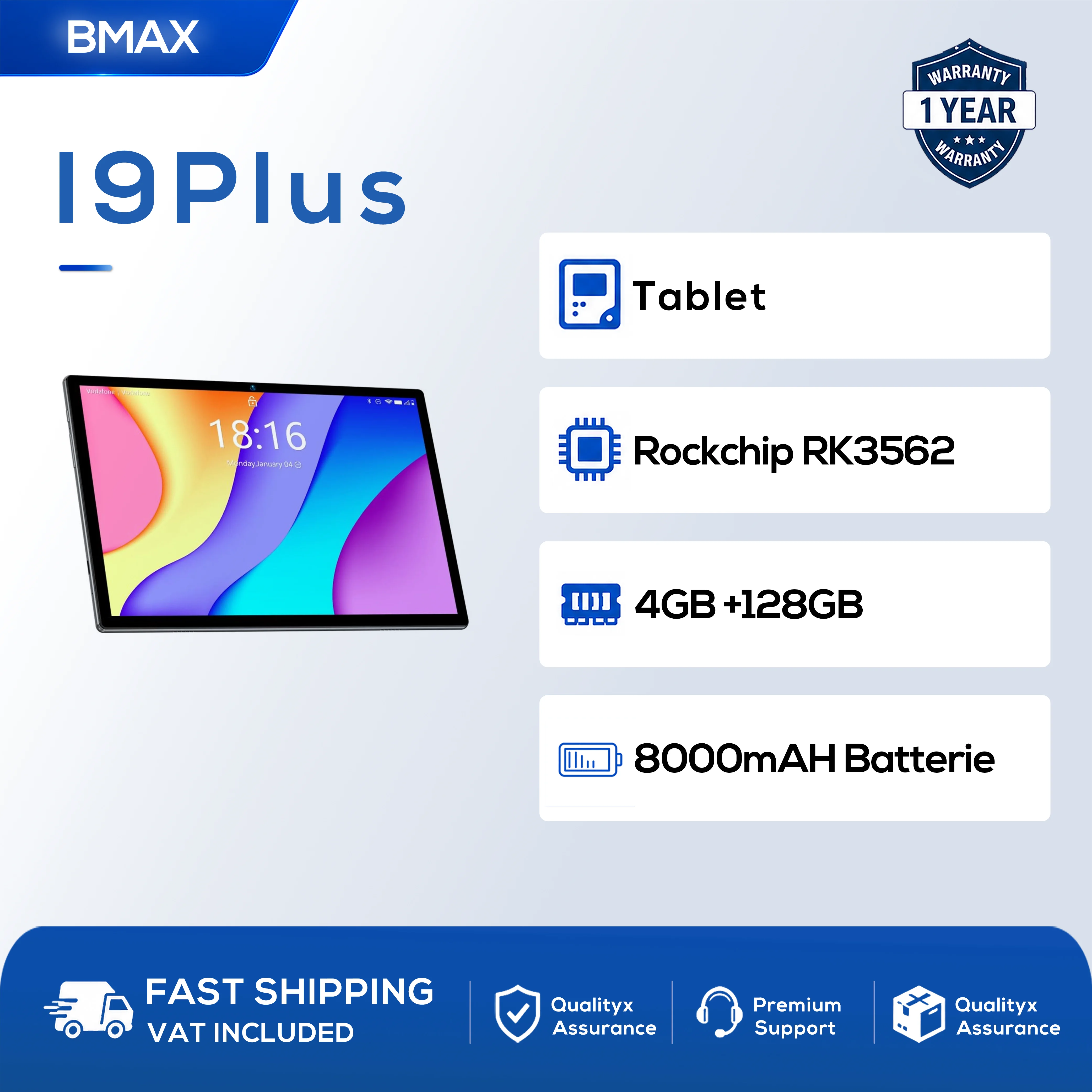 Bmax I9 Plus Android 15 Tablet 10.1'' 1280*800 Ips Display Rockchip Rk3562 2-Core Cpu 24Gb Ram(4Gb+20Gb Expand) 128Gb Rom 6000Mah Battery Wifi 6 Bluetooth 5.4 Camera Type-C Port