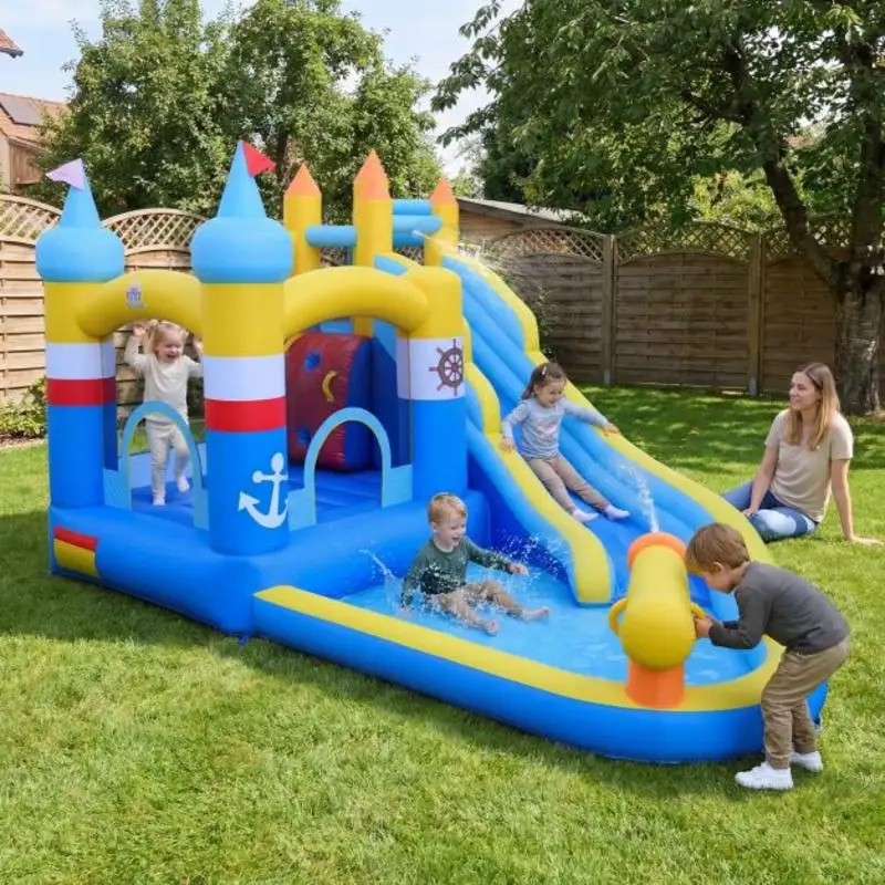 Aufblasbare Kinderburg mit Spritzbecken Wasserkanone Kletterwand Bällebad Basketballkorb ohne Gebläse wetterfestes Oxford-PVC für Garten Geburtstagspartys