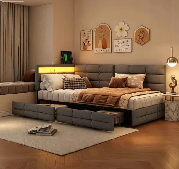 Upholstered Sofa Bed 140 X200 cm with LED Lighting  Youth Bed Day Bed with Storage Space & 2 Drawers, Guest Bed Frame with Slatted Frame, Linen