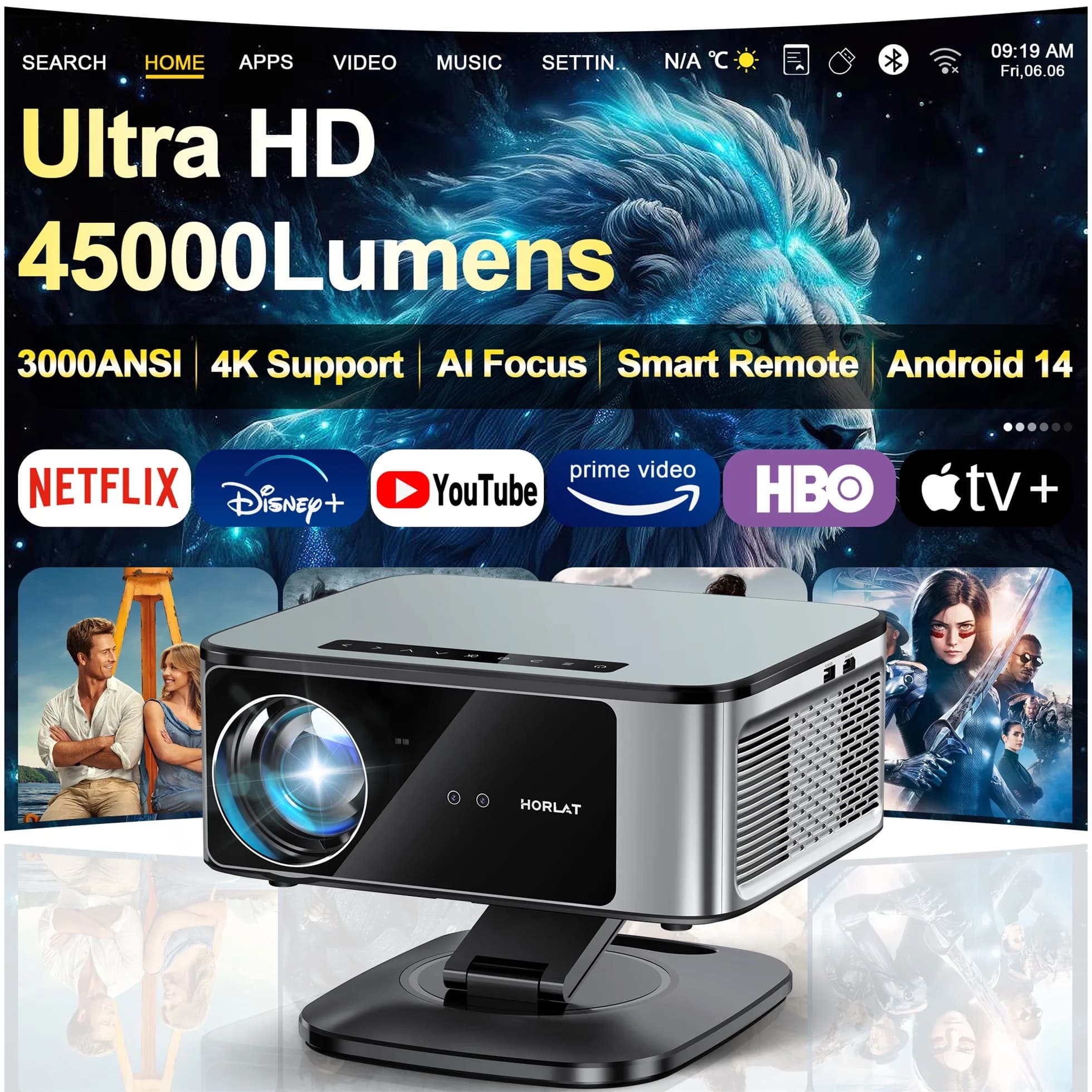 2026 HORLAT 45000 Lumens 4K Ultra HD Projector TOF Focus Android 14 WiFi 6 1080P Full HD Daylight Home Theater Movie Projector