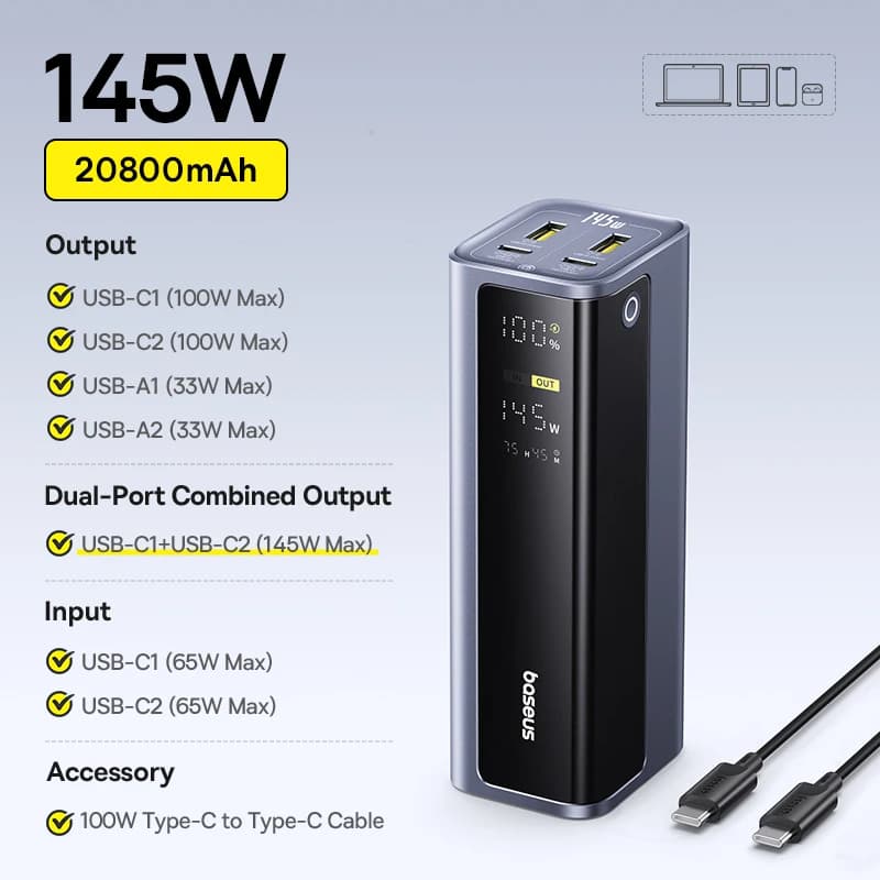 Baseus 145W Power Bank 20800mAh Dual USB A USB C PD 100W Fast Charging Digital Display Portable PowerBank for Laptop Phone Steam