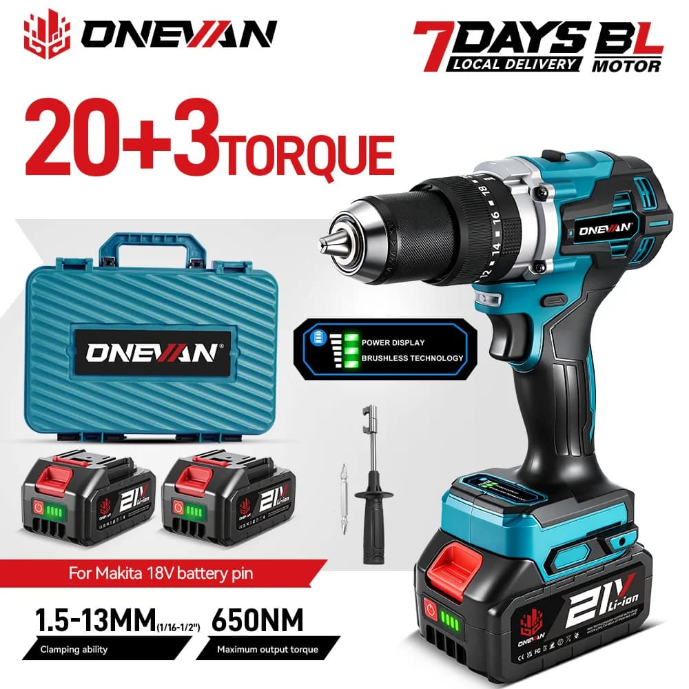 ONEVAN Brushless Electric Drill Cordless Portable Wood Steel Impact Drill Screwdriver Power Tool For Makita 18V Battery Pin