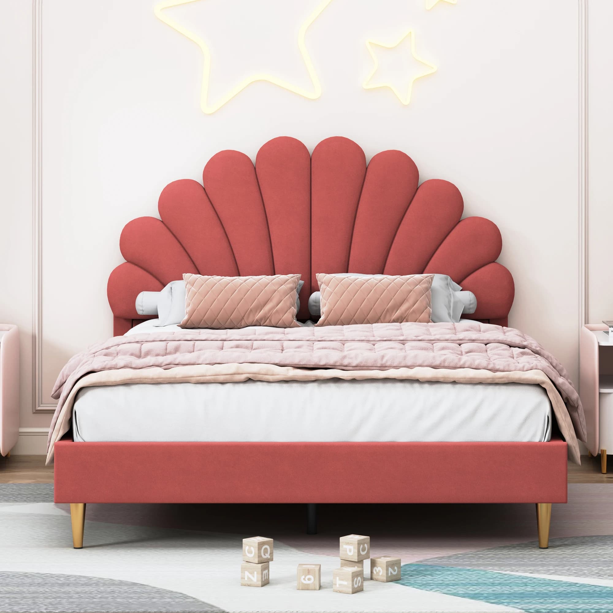 Rosahqnda Children's Bed Upholstered Bed 140 x 200 cm, Bed Frame for Girls with Floral Headboard and Slatted Frame, Velvet Double Bed Shell-like Bed with Golden Iron Legs, without Mattress