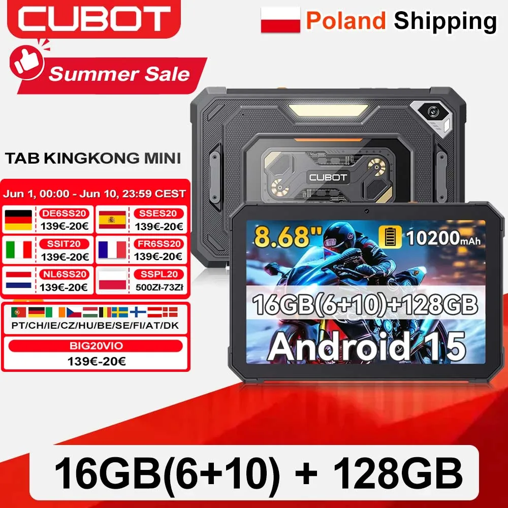 [Shipping From Poland] Cubot Tab KingKong Mini Android 15 Rugged Tablet 16GB(6+10) 128GB 10200mAh 8.68'' 90Hz Camping Light 48MP