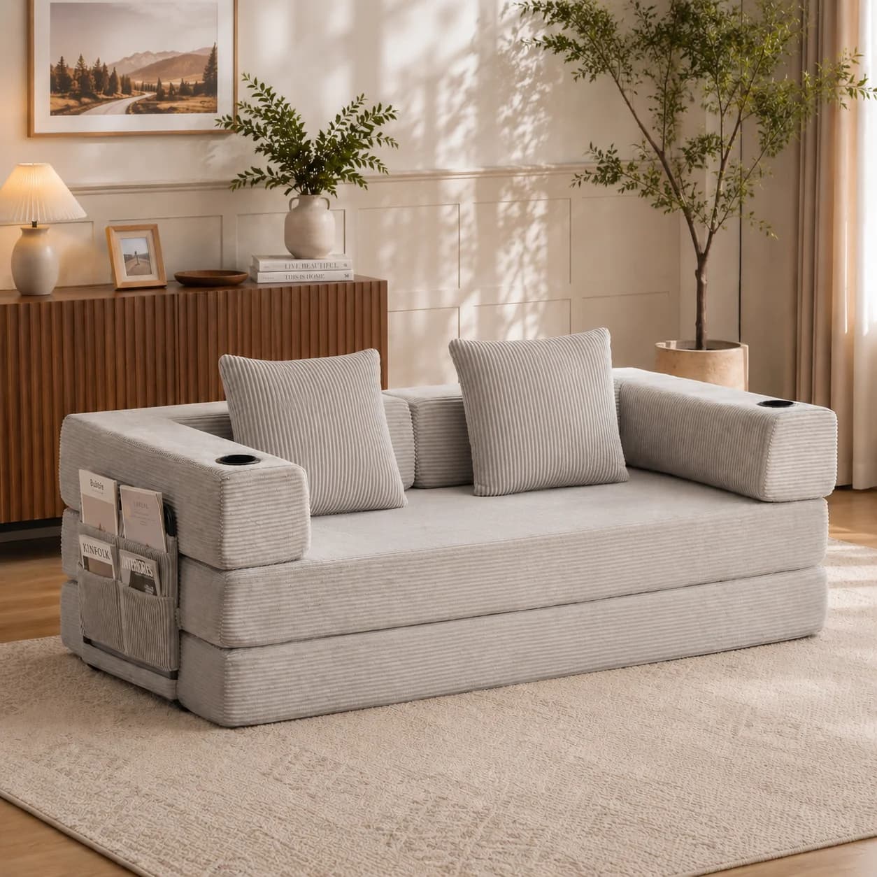 Light Gray Convertible Foldable Corduroy Floor Sofa Bed, No Assembly Compressed Foam Lazy Couch with Cup Holder Side Storage Pocket, Free Combination Modular Sleeper Sofa for Living Room Apartment Dorm Guest Bed