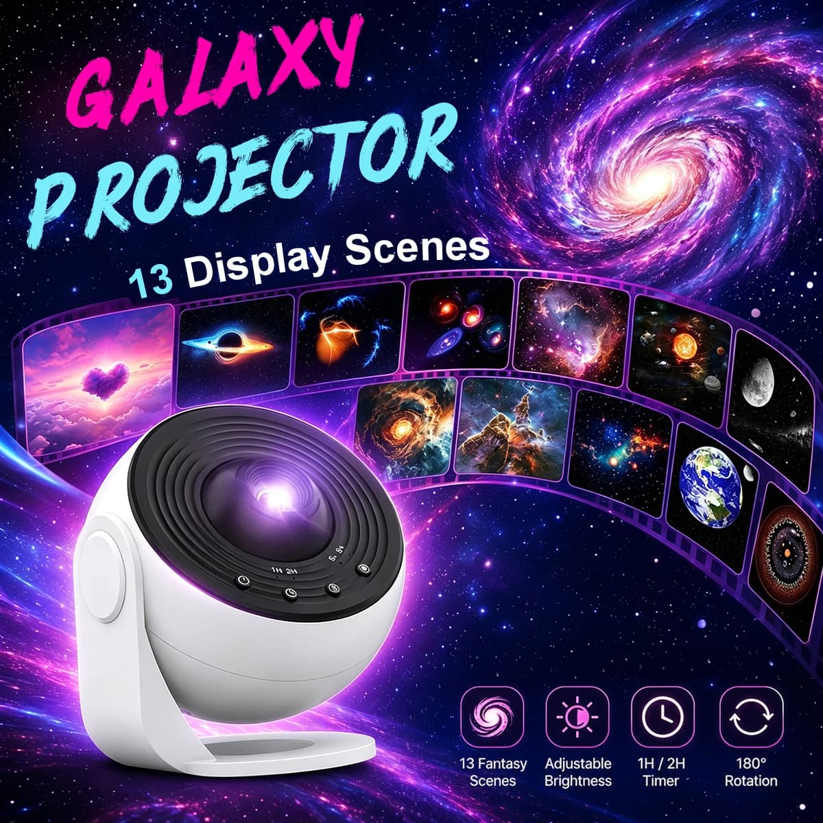 Aiopp Pro Version Galaxy Projector with 13 HD Films, 360° Rotation Focus Adjustable Timer Night Light For Bedroom Decor&Kids Adults Festival Gift
