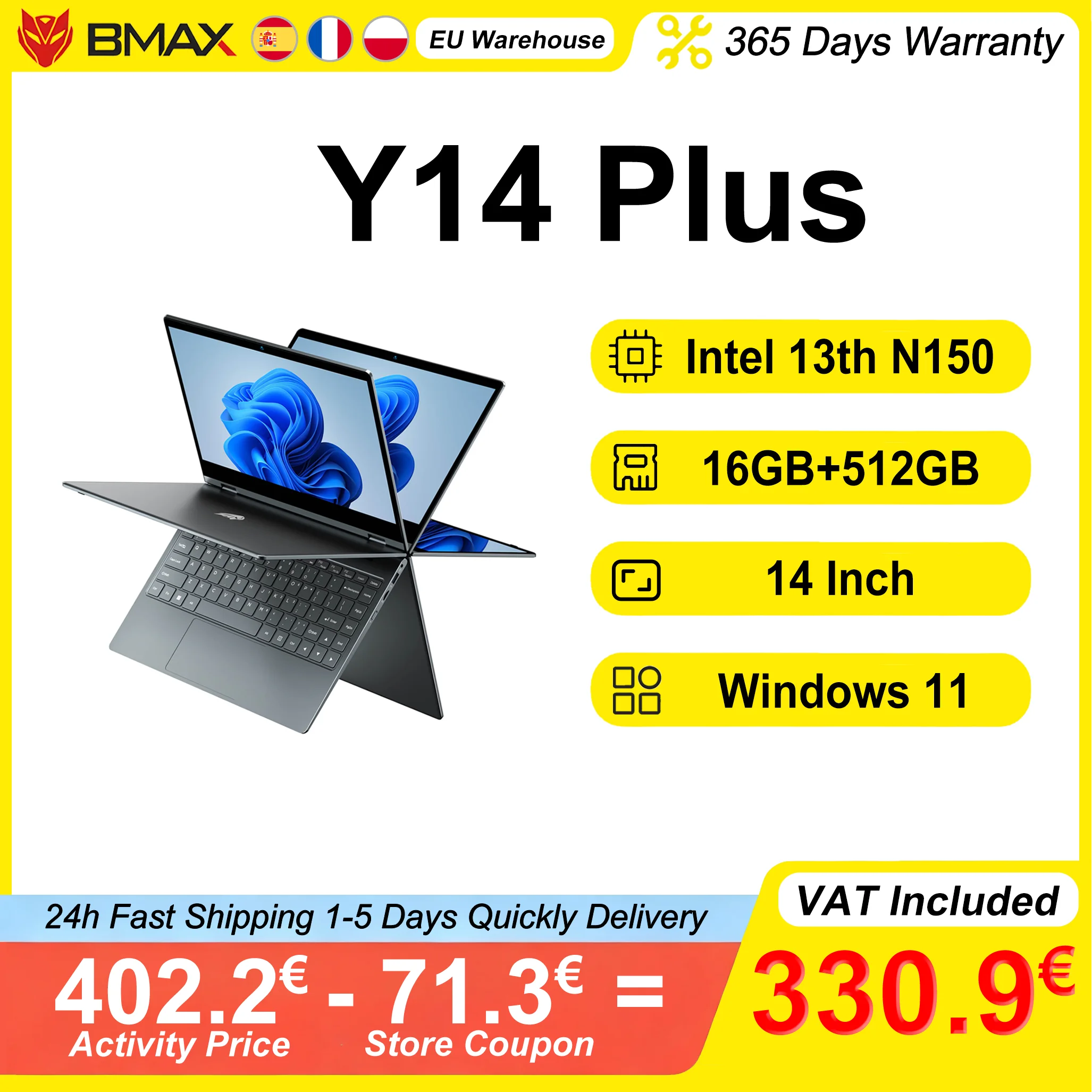 BMAX Y14 Plus Laptop 14 Inch Touch Screen 16GB RAM 512GB SSD Intel N150 1920*1080 IPS 360°Convertible Notebook Windows 11