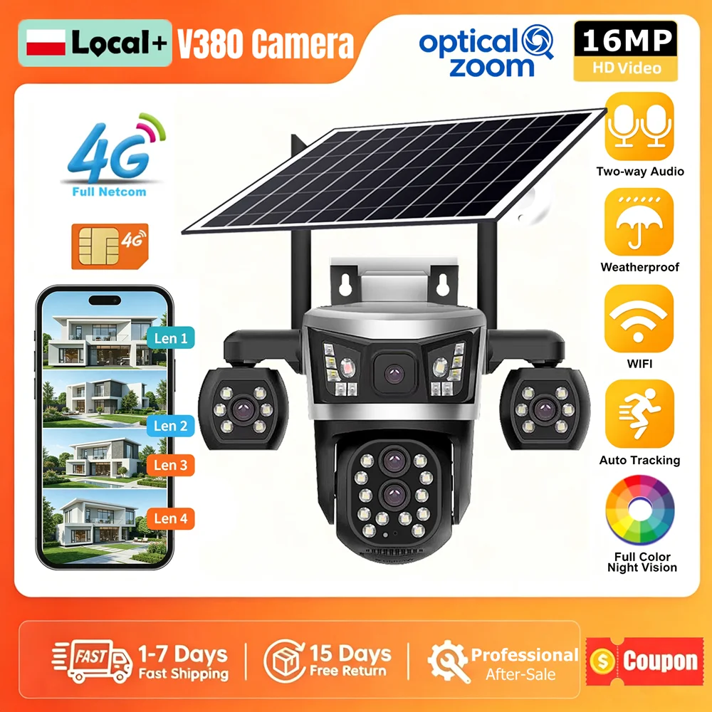 V380 4G SIM Solar Camera 16MP 4-Lens 4-Screen 360° PTZ Outdoor Wireless CCTV Night Vision Home Security Video Surveillance