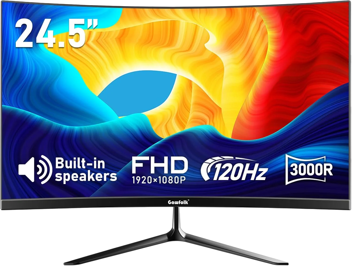 Gawfolk 24.5-inch PC Screen, Curved(3000R) 120hz Gaming Monitor with Built-in Speakers FHD 1080p 1ms Bezel-less, 98% sRGB, 178°