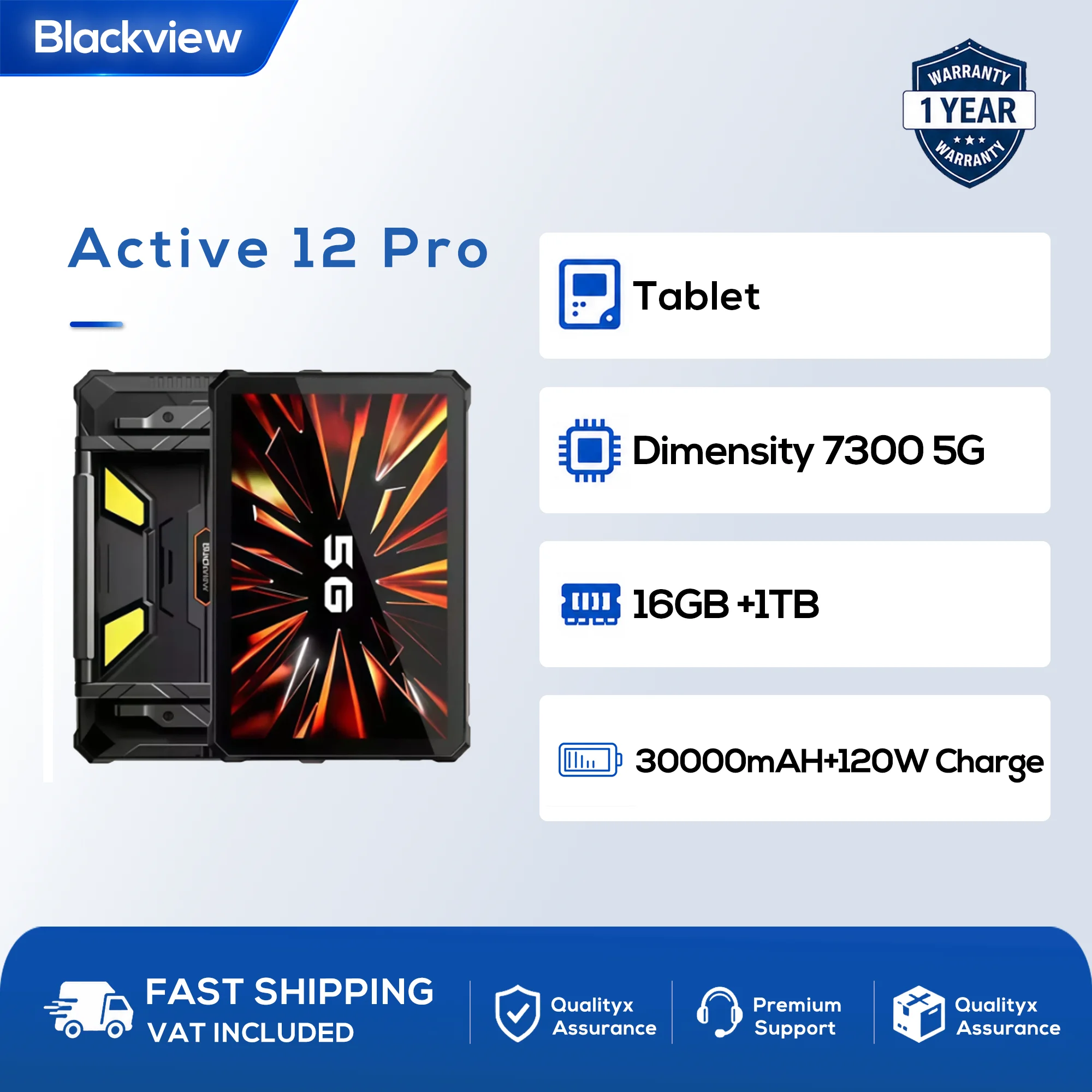 Blackview Active 12 Pro 2025 Top-tier IP69 Rugged 5G Tablets Android 15, 11' FHD+ Display, 12GB+256GB / 16GB+1TB 30000mAh Battery