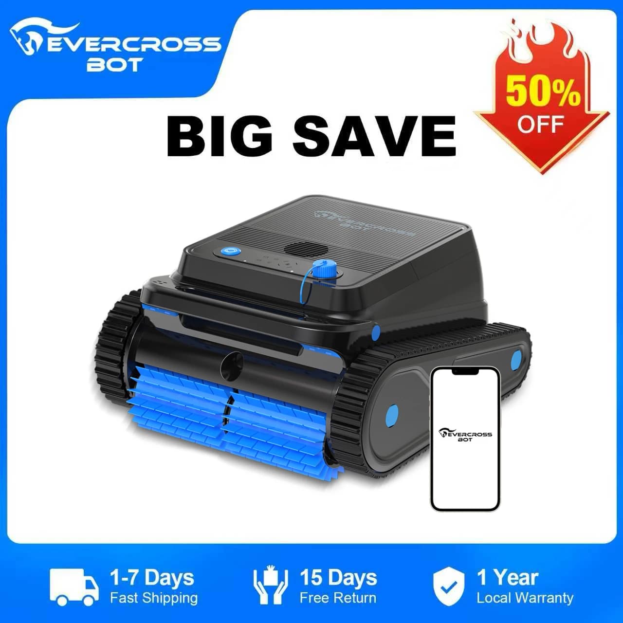 EVERCROSS BOT U8 Robotic Pool Cleaner with APP Control, 120 Min Battery Life, 200m² Cleaning Area, Intelligent Navigation, Self-Parking Function