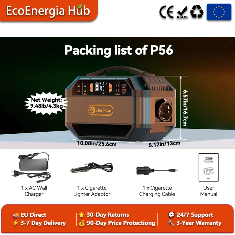 FlashFish P56 Portable Power Station 330W 288Wh 78000mAh +100W Foldable Solar Panel Pure Sine Wave Inverter AC/DC/USB for Camping Home Backup Emergency Outdoor EU Stock