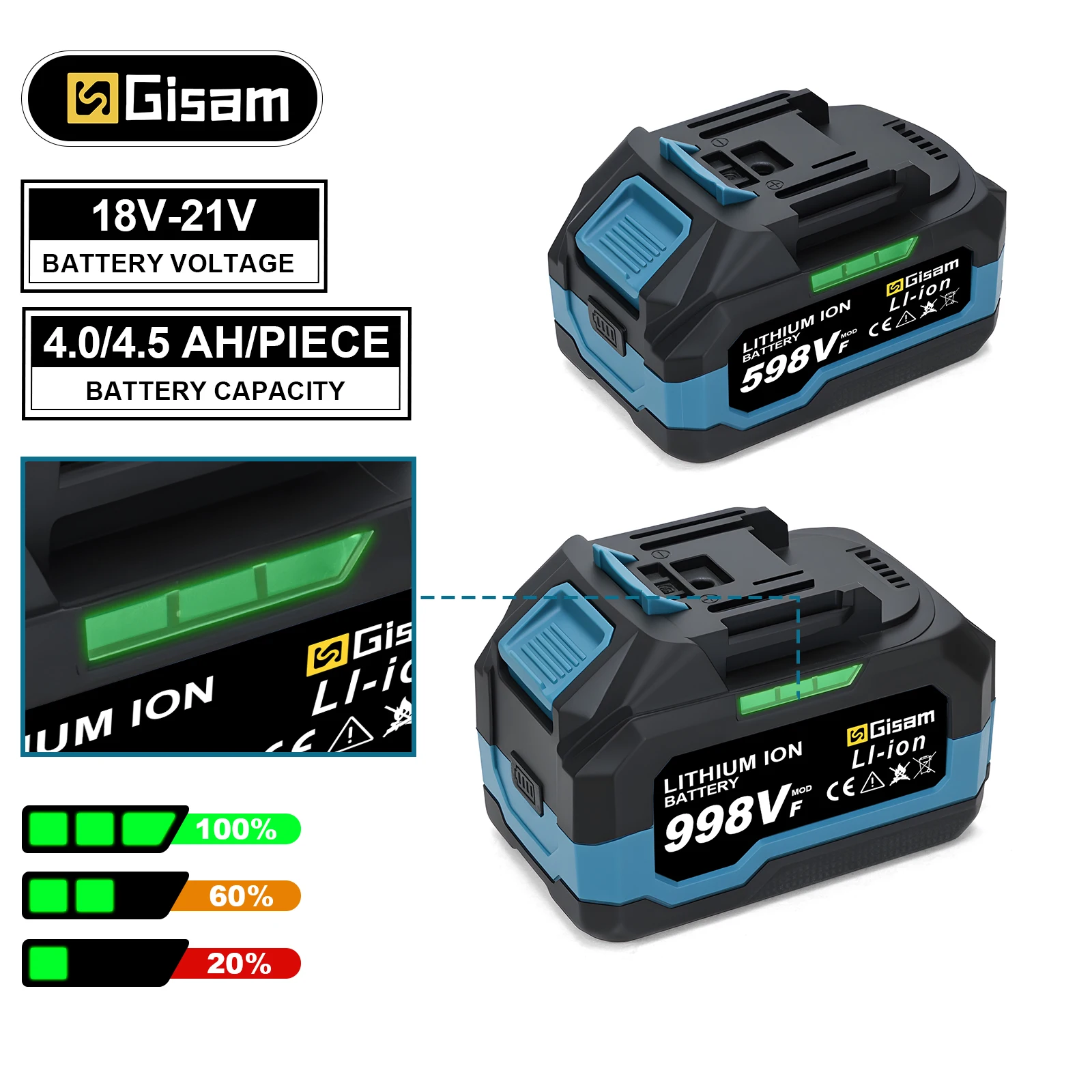 Gisam 4.0AH 4.5AH Rechargeable Lithium-Ion Battery for Cordless Drill/Brushless Wrench/Screwdriver for Makita 18V Battery Pins