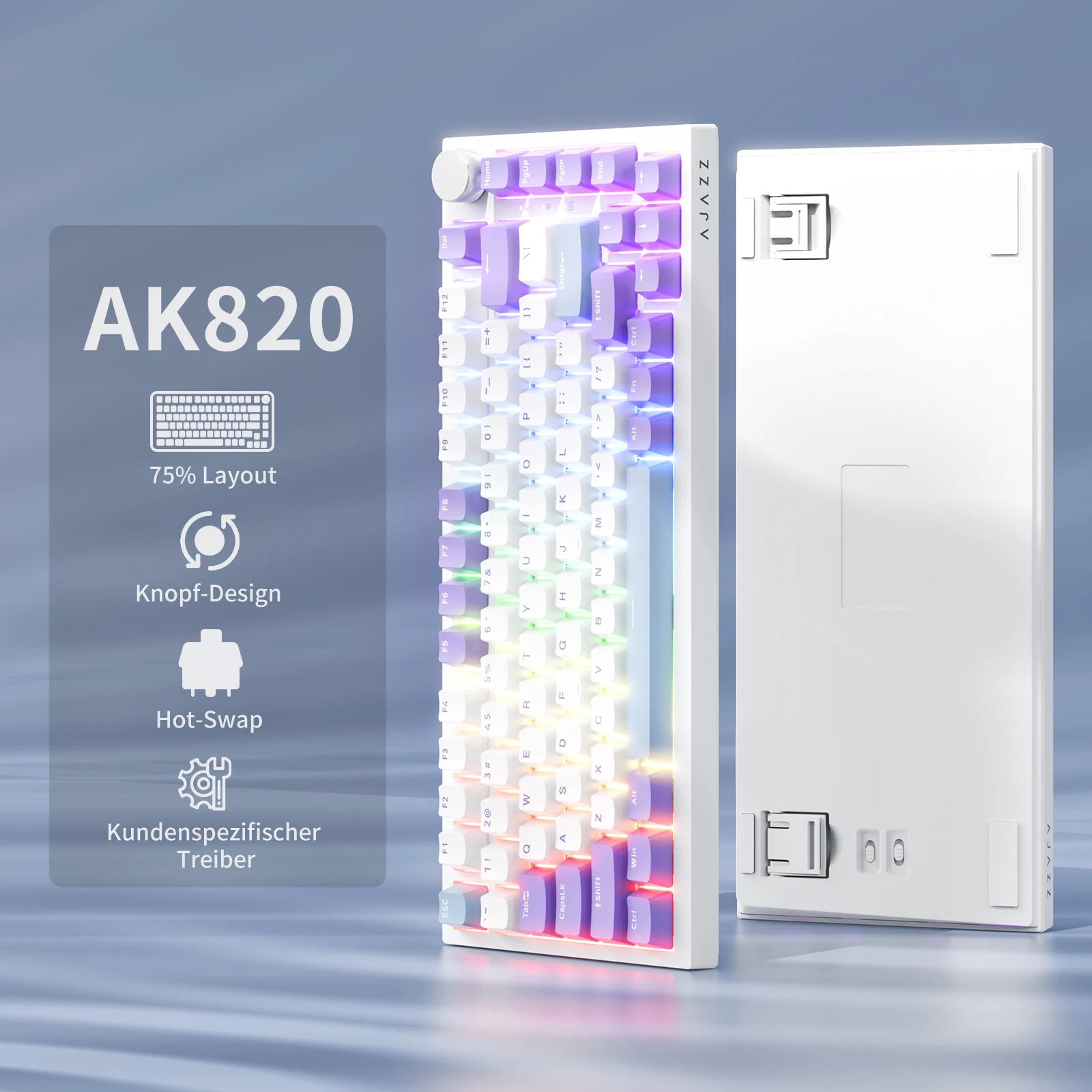 Ajazz AK820 75% Wired Mechanical Gaming Keyboard with Volume Knob - South-Facing LED - PBT Keycaps (Sea Salt Switches)