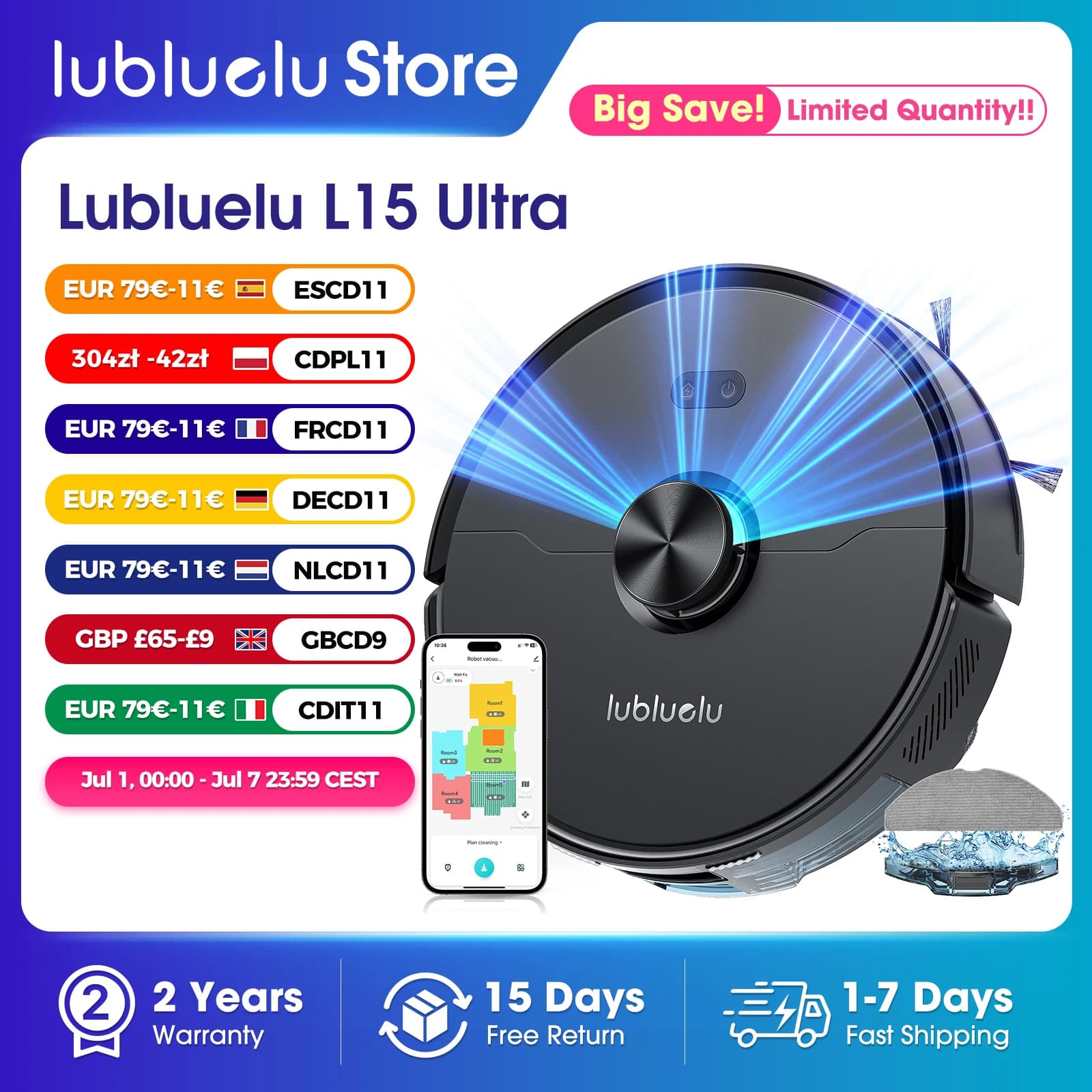 Lubluelu L15 Ultra 3-in-1 Robot Vacuum Mop Combo with LiDAR Navigation 5500Pa Suction Auto-Charging Smart APP 24 No-go Zones