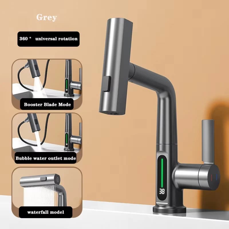 Intelligent Digital Display Pull Out Kitchen Faucet Cold Hot Mixer Taps Rotatable Sink Lifting Basin Faucet