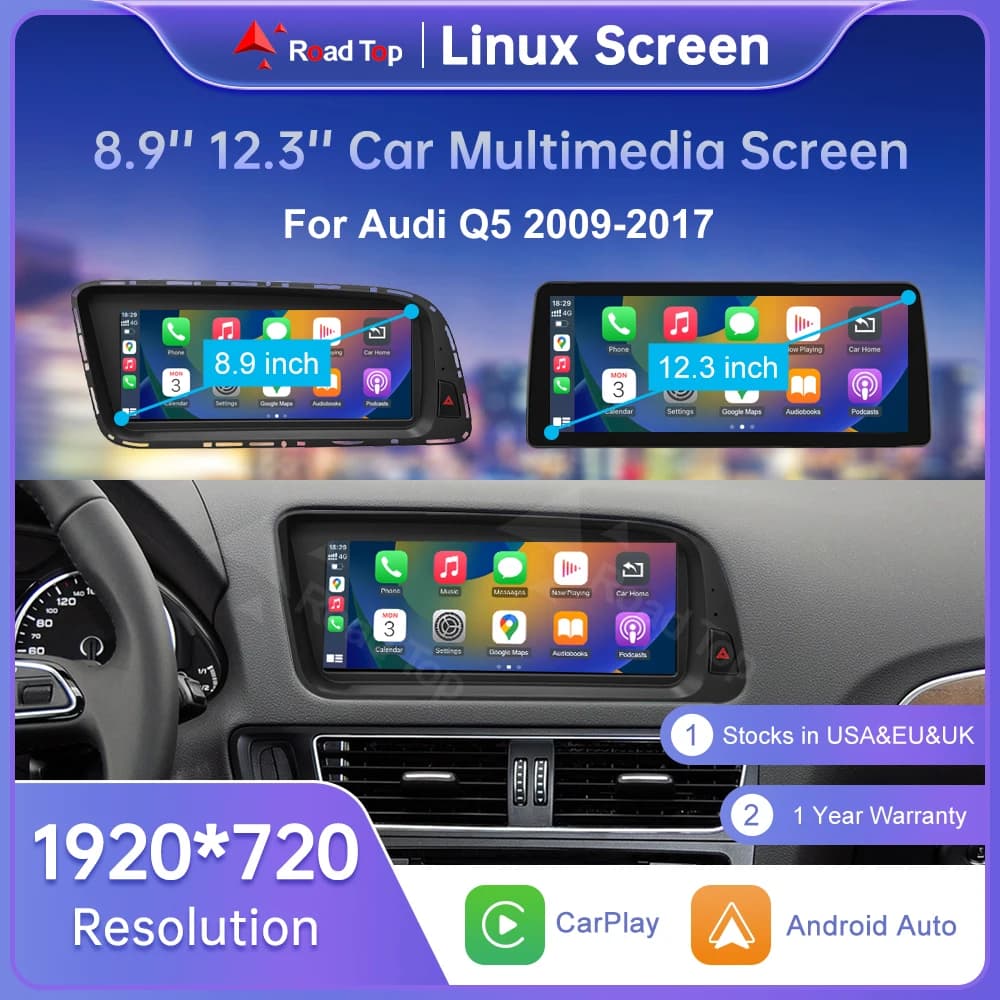 8.8/12.3" Linux Car Radio Multimedia Screen For Audi Q5 2009-2017 with Wireless CarPlay Android Auto Airplay Miracast Function