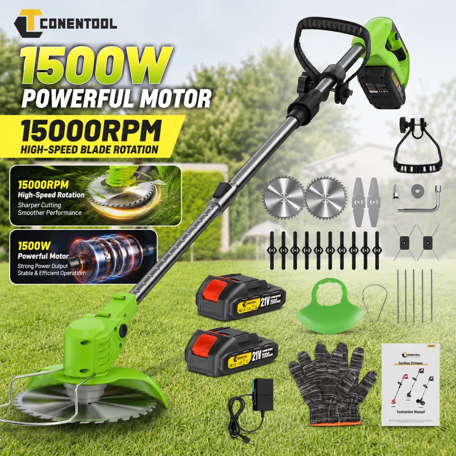 CONENTOOL 21V Cordless Grass Trimmer 1500W 15000RPM Foldable Telescopic Lawn Mower with 5 Cutting Attachments, Lightweight Rechargeable Electric Weed Eater Brush Cutter for Garden Lawn Edging, Weeds, Small Branches and Yard Maintenance Daily Home Use