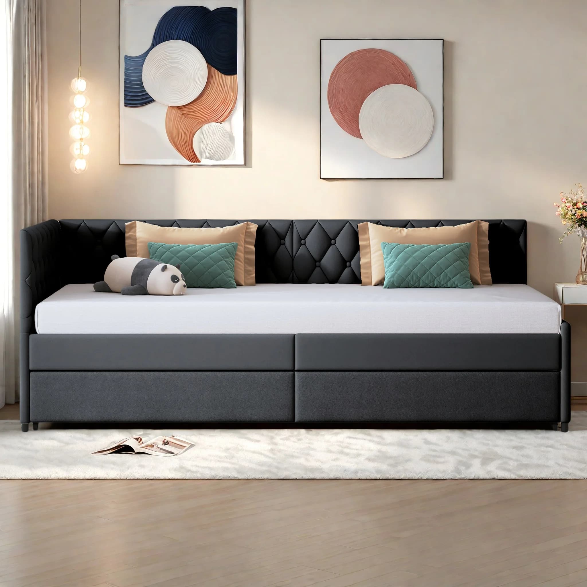 Day Bed, Extendable 90 x 200 cm, Sofa Bed, Upholstered Bed, Extendable with Guest Bed, Velvet Fabric Bed, Extendable, Sofa Bed with Slatted Frame for Adults 2 People, without Mattress