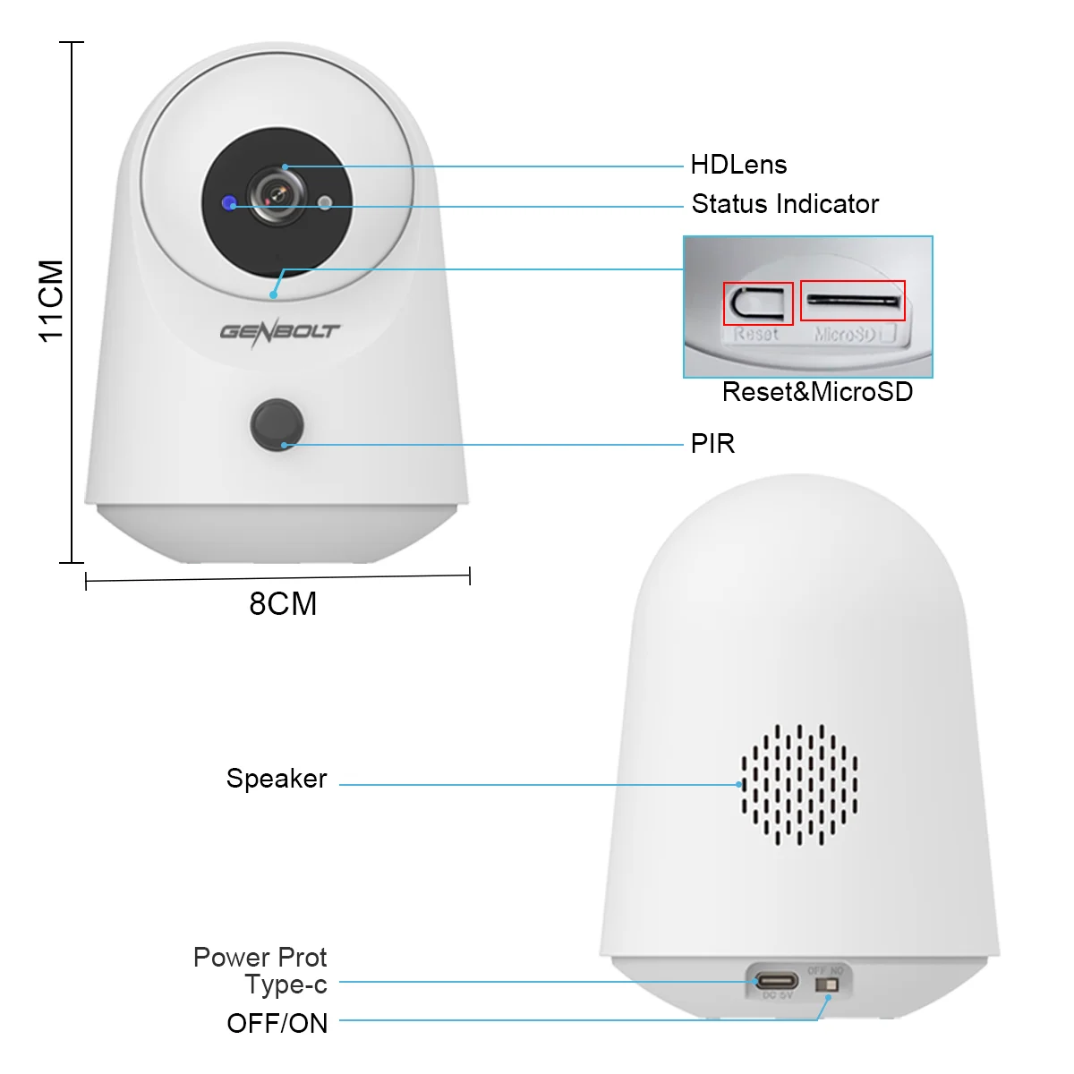 GENBOLT 5000mAh Battery 2K Security Camera, WiFi Indoor Pan Tilt PIR Motion Detection, for Home Baby Nanny Pet Monitoring