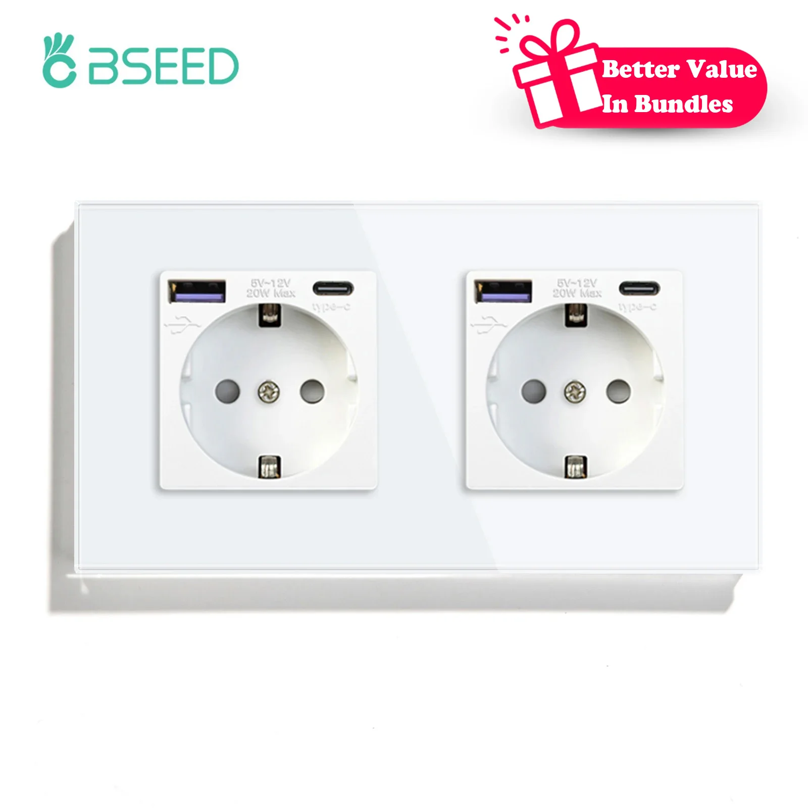 BSEED Wall Double Sockets Glass Phone Charge 20W USB C Socket 16A EU 110V-240V Electrical Outlet Fast Charge Type-c Wall Mounted
