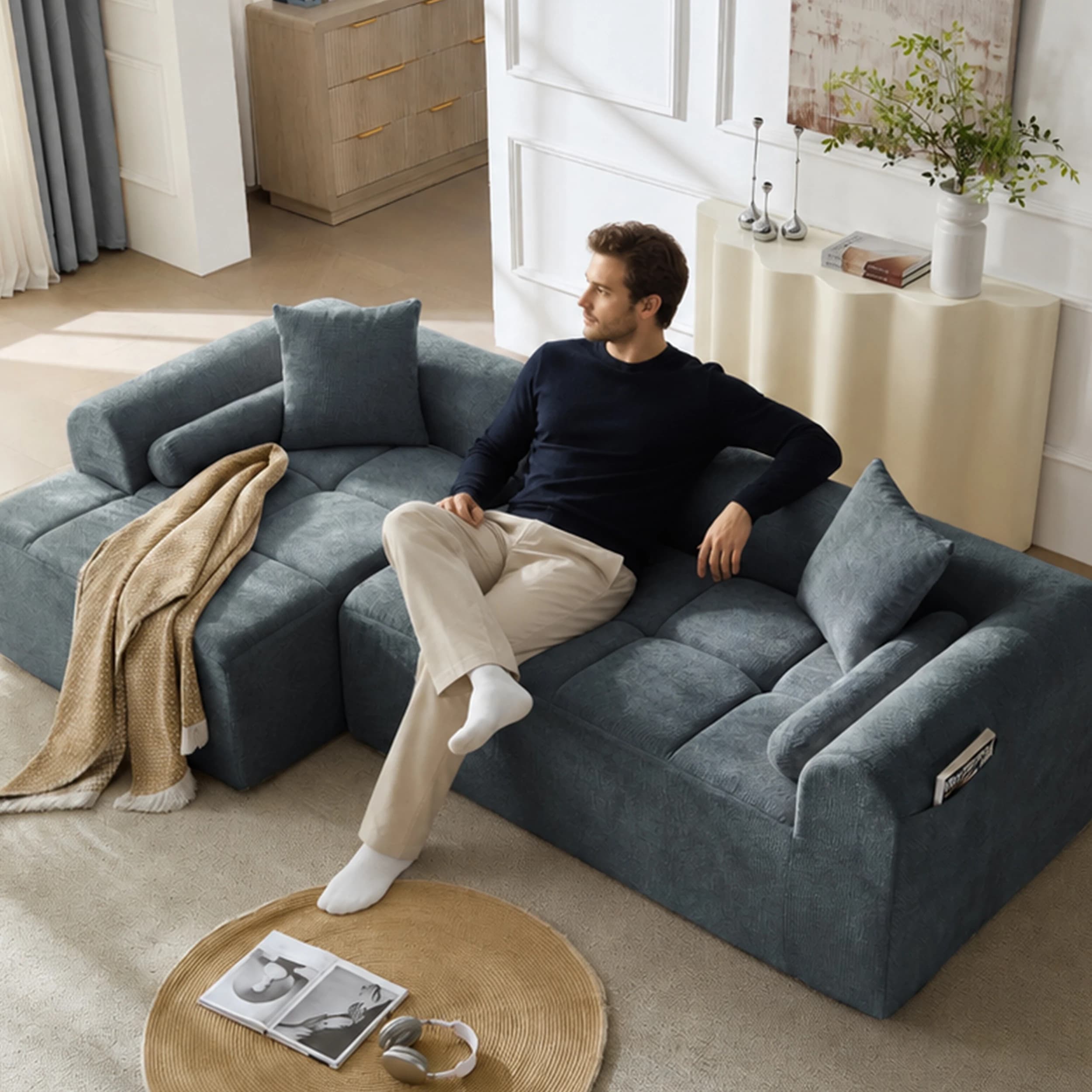 Modern L-Shape Chenille Fabric Sofa, Living Room Modular Couch, Soft Tufted Sofa with Cushions, Minimalist Italian Style, Comfortable Corner Sofa for Home and Apartment, Blue