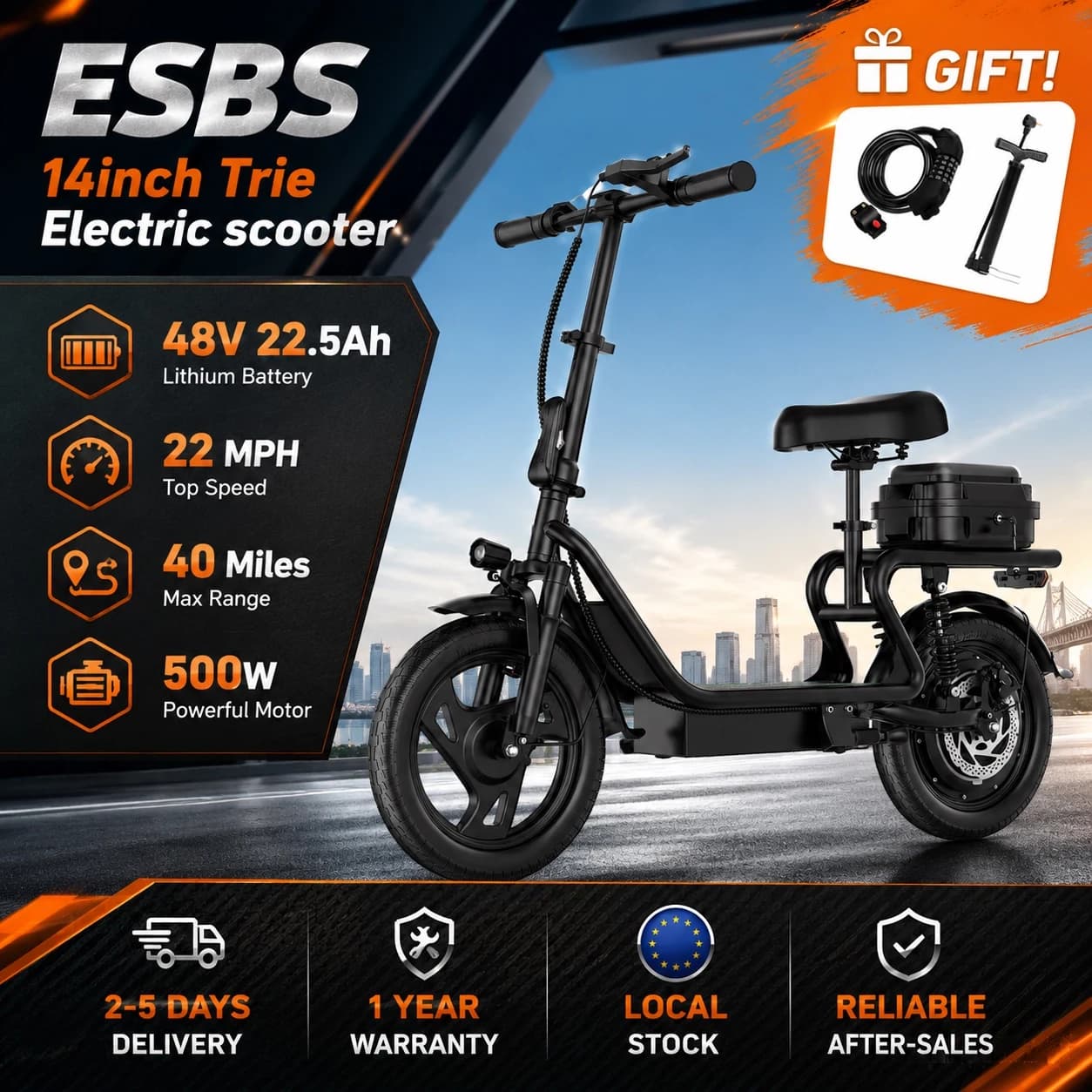 ESBS 14 Inch 500W Motor  Foldable Electric Scooter Bike 48V 22.5Ah Lithium Battery 22MPH Max Speed 40 Miles Range Adult City Commuter Electric Bicycle with Seat & Rear Storage, Disc Brake Suspension EU Stock