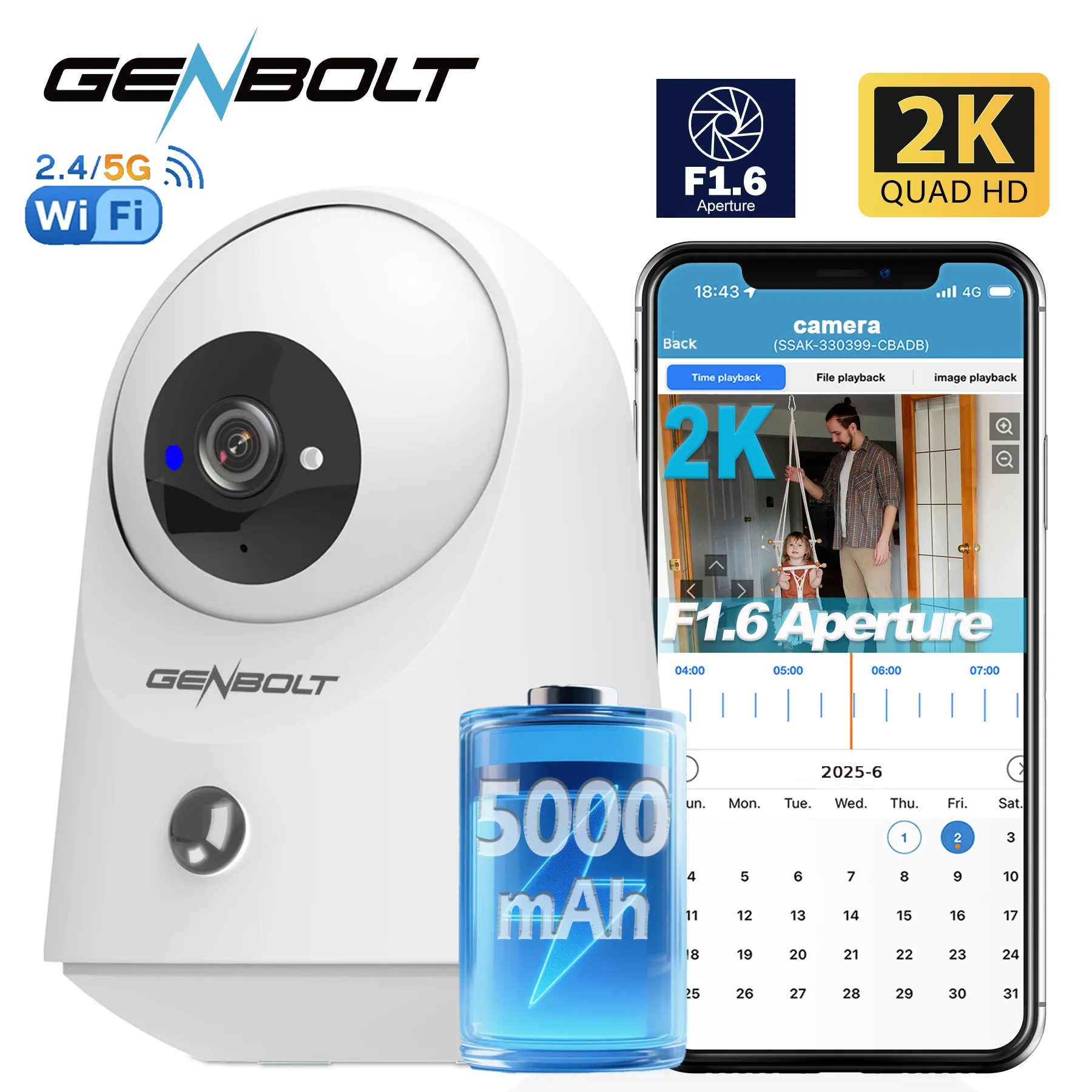GENBOLT 2K WiFi Indoor House Security Camera Wireless, Pan Tilt Pet Camera with 5000mAh Battery Powered, IP Camera CCTV Nanny Dog Cam Baby Monitor with PIR Detection