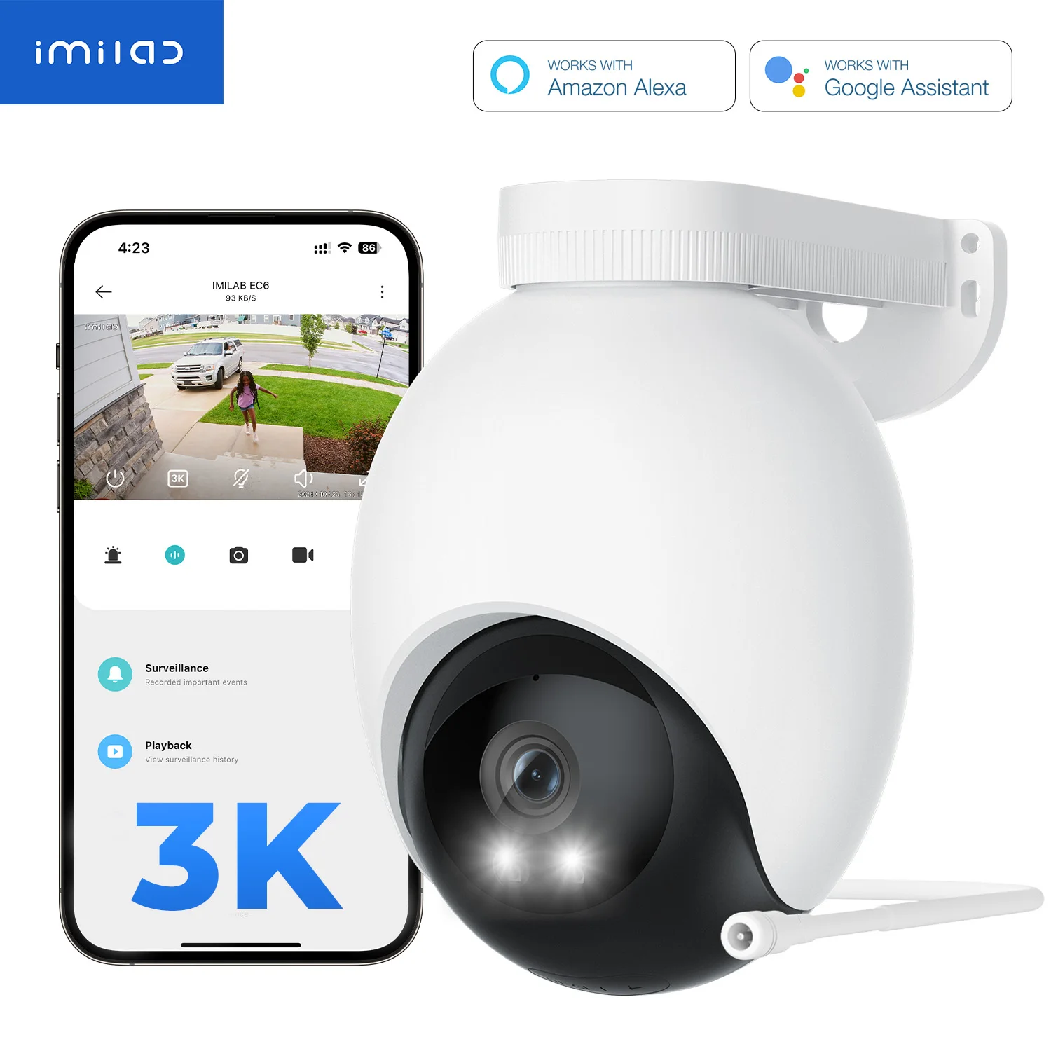 IMILAB EC6 3K/4K Outdoor Smart WiFi Camera for Home Security 24/7 Recording 360° PTZ Auto-Tracking AI Surveillance Cam MiHome