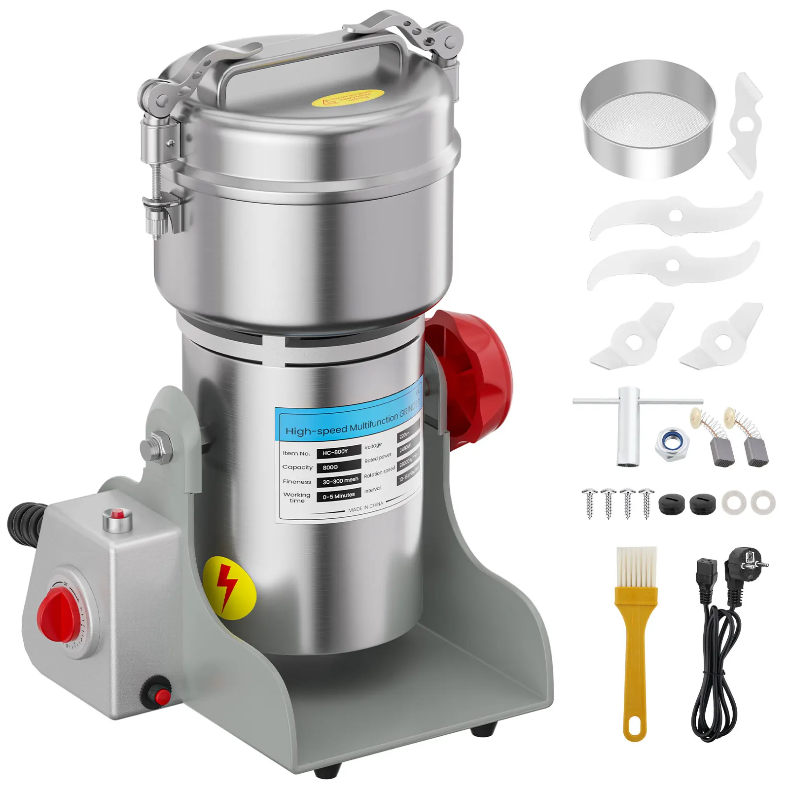 800g High Speed Grain Grinder Stainless Steel Swing Pulverizer Timer Control Overload Protection Dry Mill for Coffee Bean Spice Herb Cereal Nut Powder Grinding