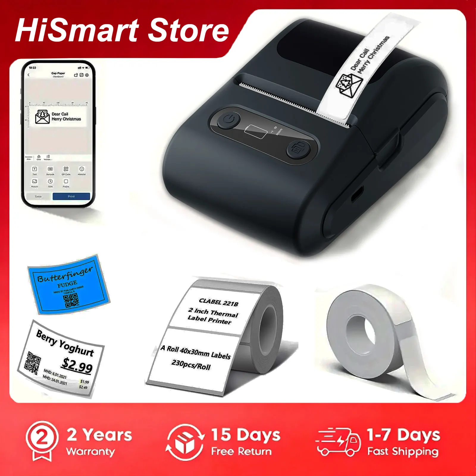 Portable heat printer, 2 inch adhesive label printer, Mini Bluetooth sticker manufacturer, smartphones and PC compatible, comes with 50*60mm roll print note