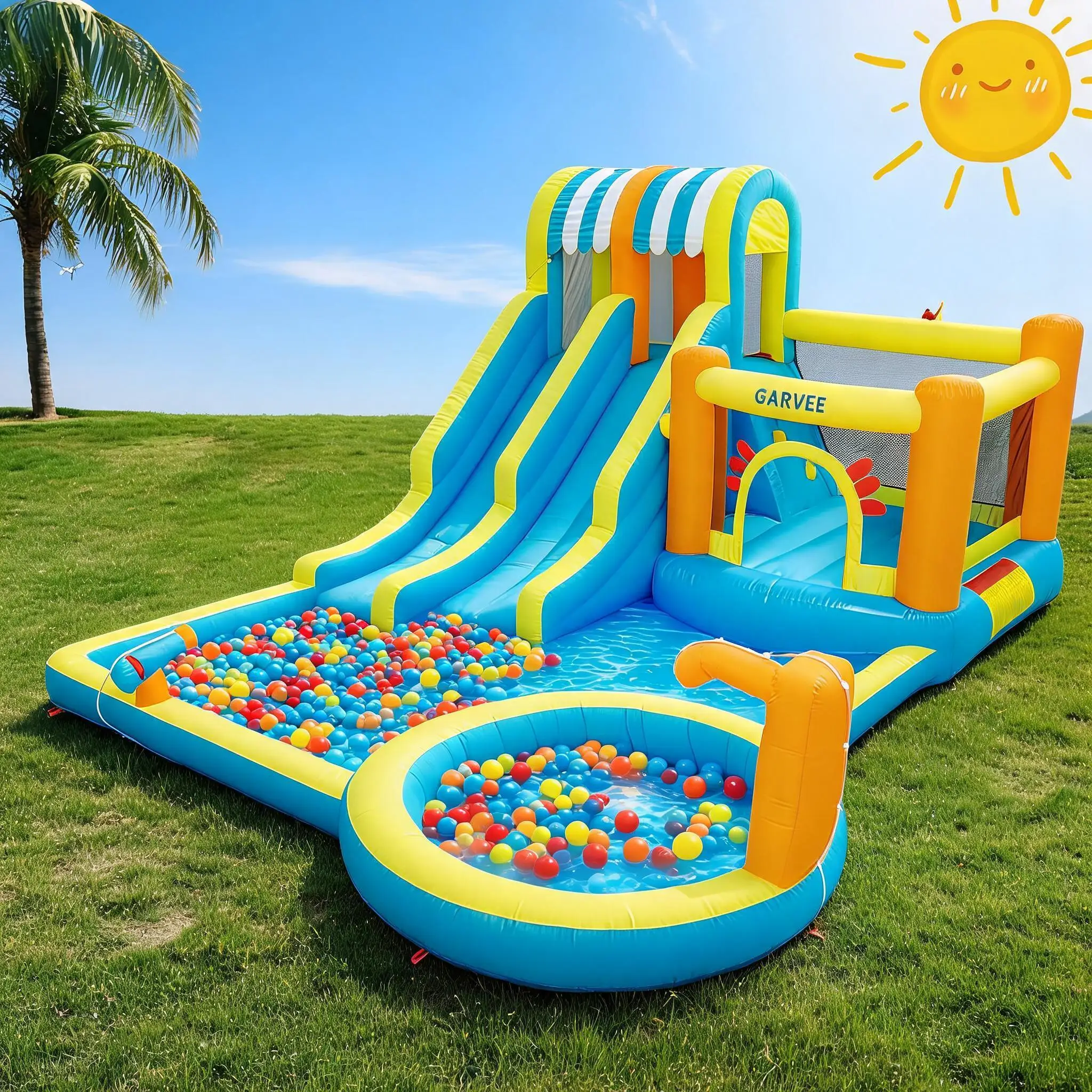 9-in-1 inflatable water slides park for children racing slides, climbing wall, large pool in the backyard, paddling pool and more. Robust Oxford outdoor summer toys for children 3-10 years old